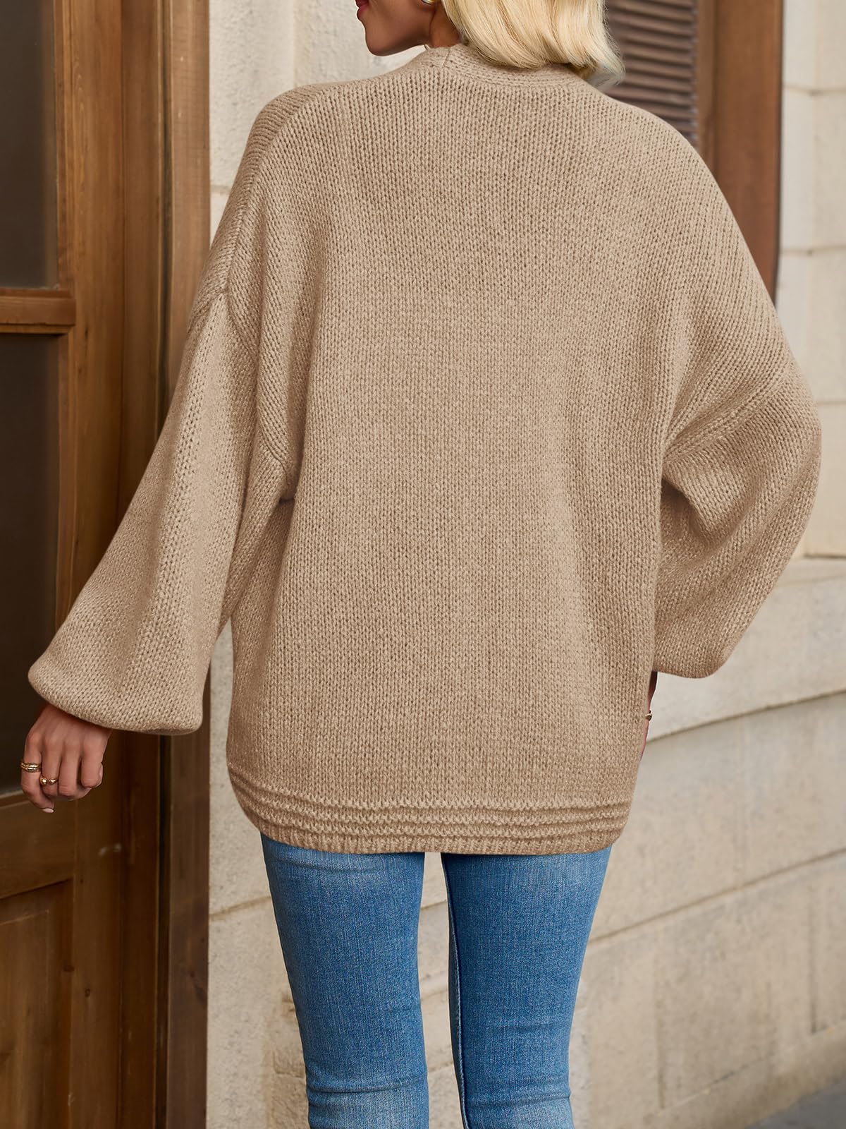 Saodimallsu Womens Open Front Cardigans Long Lantern Sleeve Oversized Chunky Knit Casual Fall Sweater Coat Light Brown