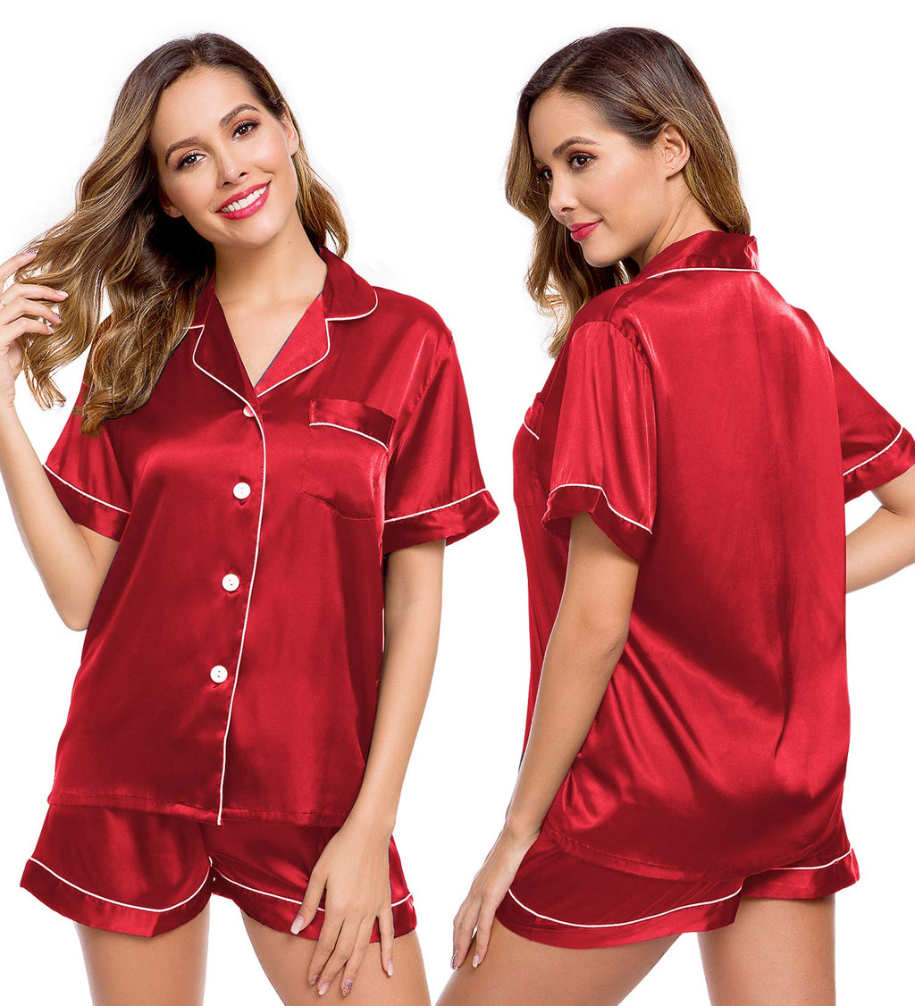 LecGee Womens Pajamas Set Silk Satin Sleepwear Short Sleeve Nightwear Button Down Pj Lounge
