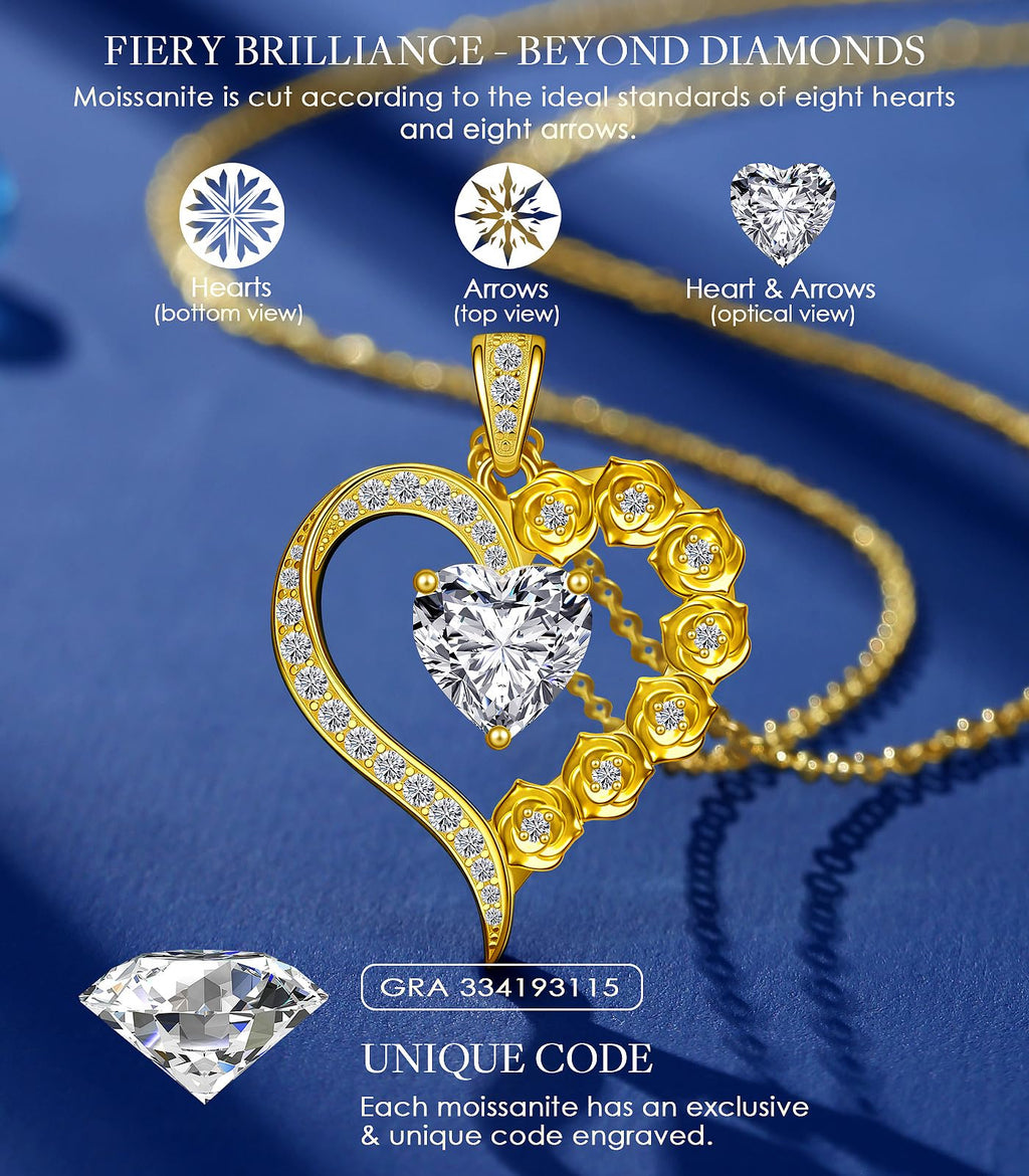 Beam & Bask 2 Carat Moissanite Rose Flower Heart Necklace for Her, Sterling Silver Plated with 18K Gold, Birthday, Wedding, Anniversary Pendant Jewelry for Girlfriend, Wife, Bride, Soulmate