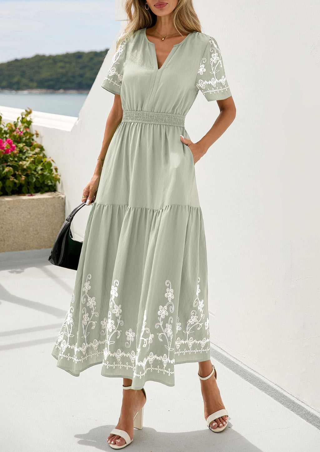 PRETTYGARDEN Women's Summer Boho Maxi Dress 2026 Spring Floral Short Sleeve V Neck A Line Flowy Beach Wedding Guest Dresses (Light Green,XX-Large)