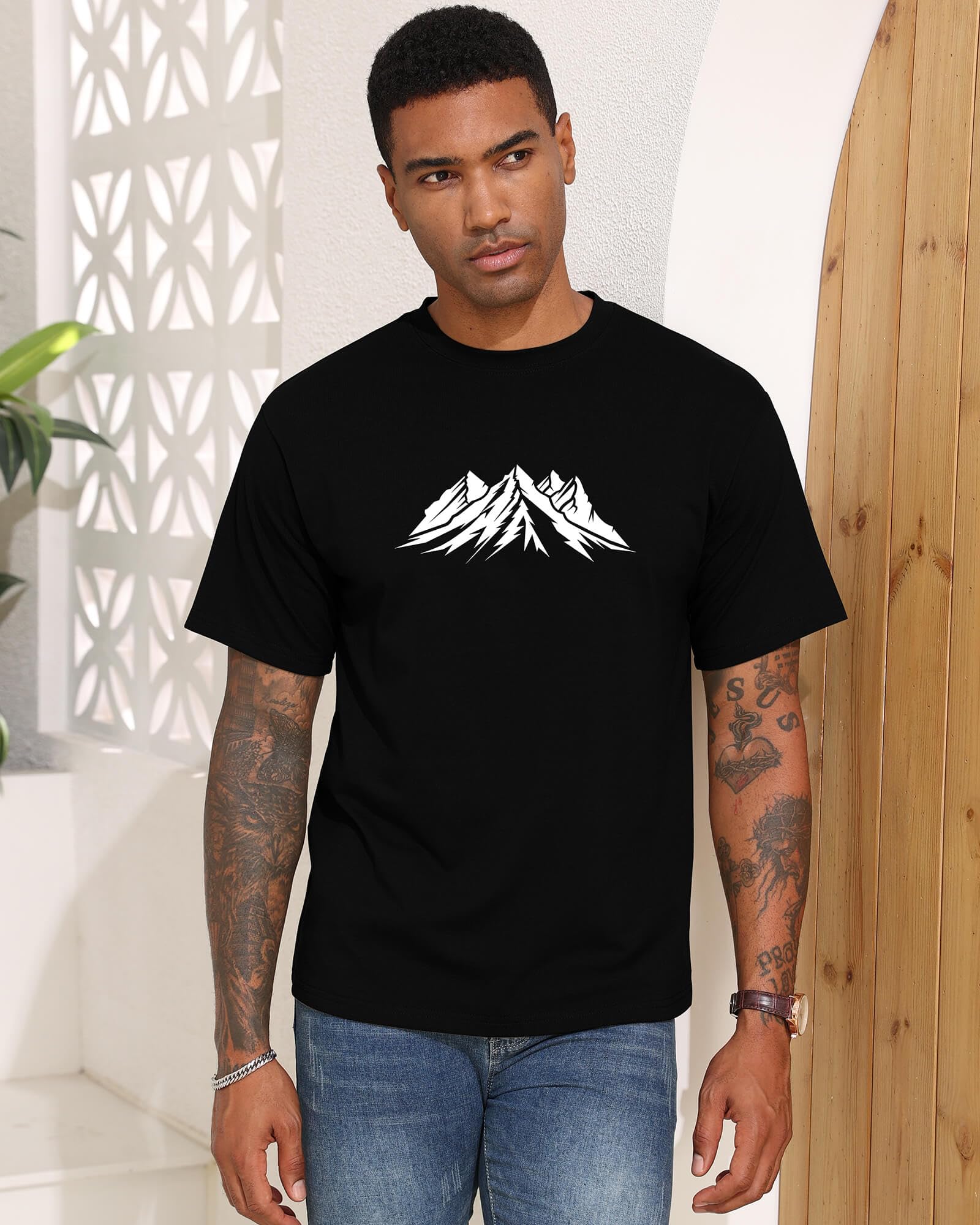 Mens Graphic T Shirts Mountain Art Print Short Sleeve Summer Top 100% Cotton Casual Tees for Men Black
