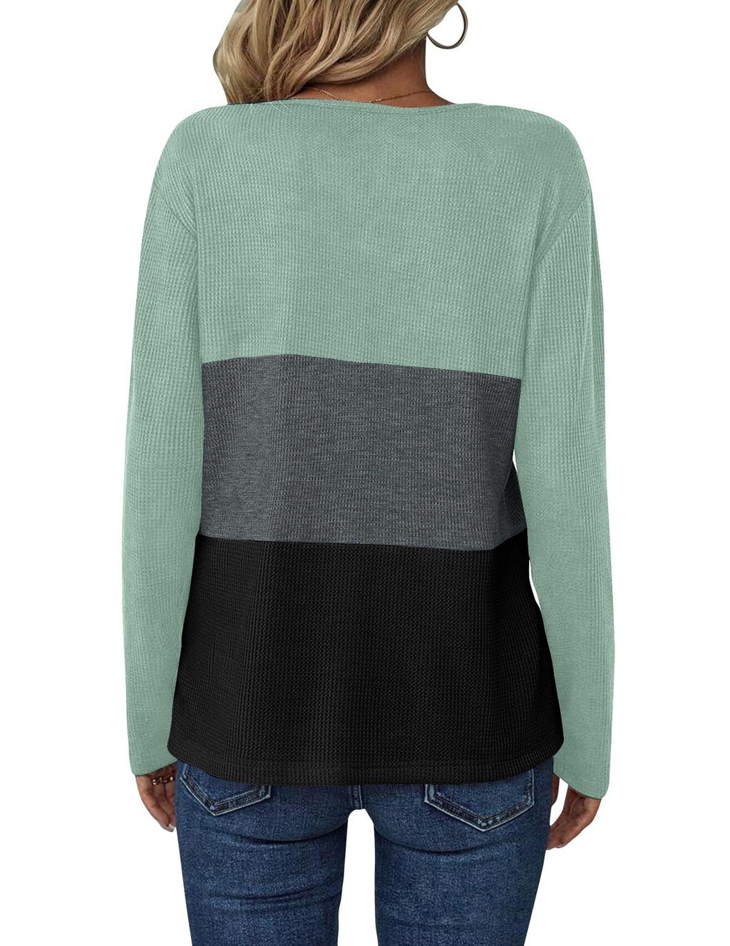 Zeagoo Tunic Tops for Women Long Sleeve V Neck T Shirts Color Block Waffle Knit Shirts Casual Fall Shirt,Mint/Charcoal/Black XL