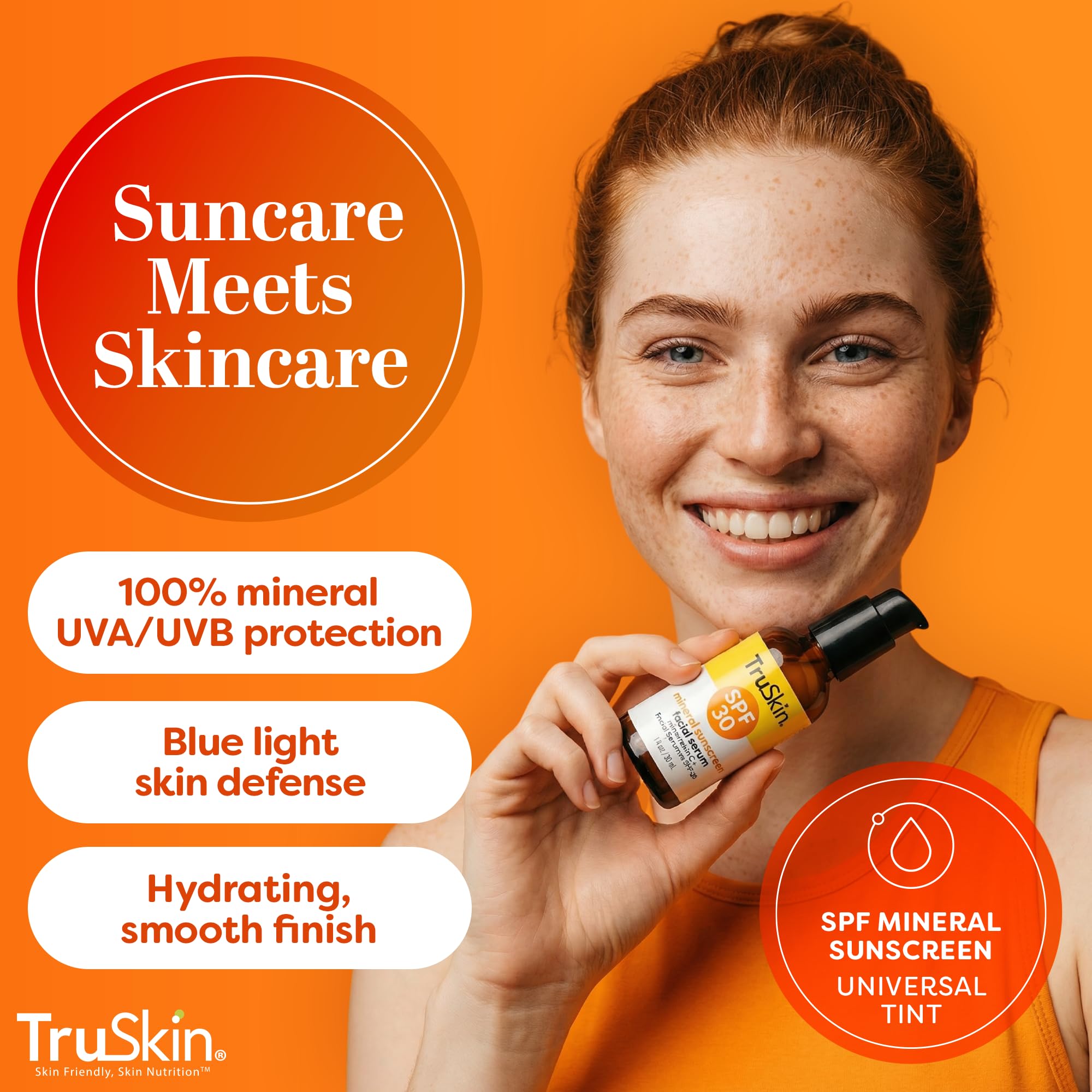 TruSkin Sunscreen Serum for Face - SPF 30 Universal Tinted Mineral Sunscreen Face Serum with Zinc Oxide - Sheer, Lightweight Finish with Vitamin C, Hyaluronic Acid, Ceramides & Niacinamide, 1 fl oz