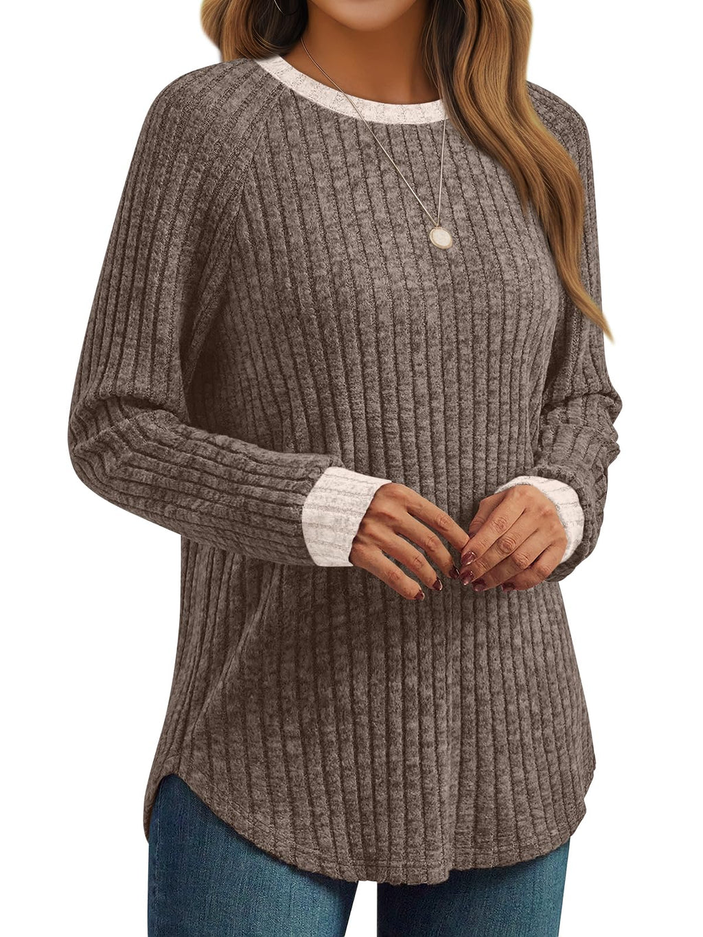 AUTOMET Womens Long Sleeve Tops Winter Clothing 2026 Dressy Casual Tunic Sweaters Fall Fashion Color Block Shirts Khaki 02 L