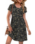 MOLERANI Summer Dresses for Women 2026 Casual Crew V Neck Sundresses Short Sleeve Fashion Beach Vacation Dress with Pockets,Black Gold Leaf-M