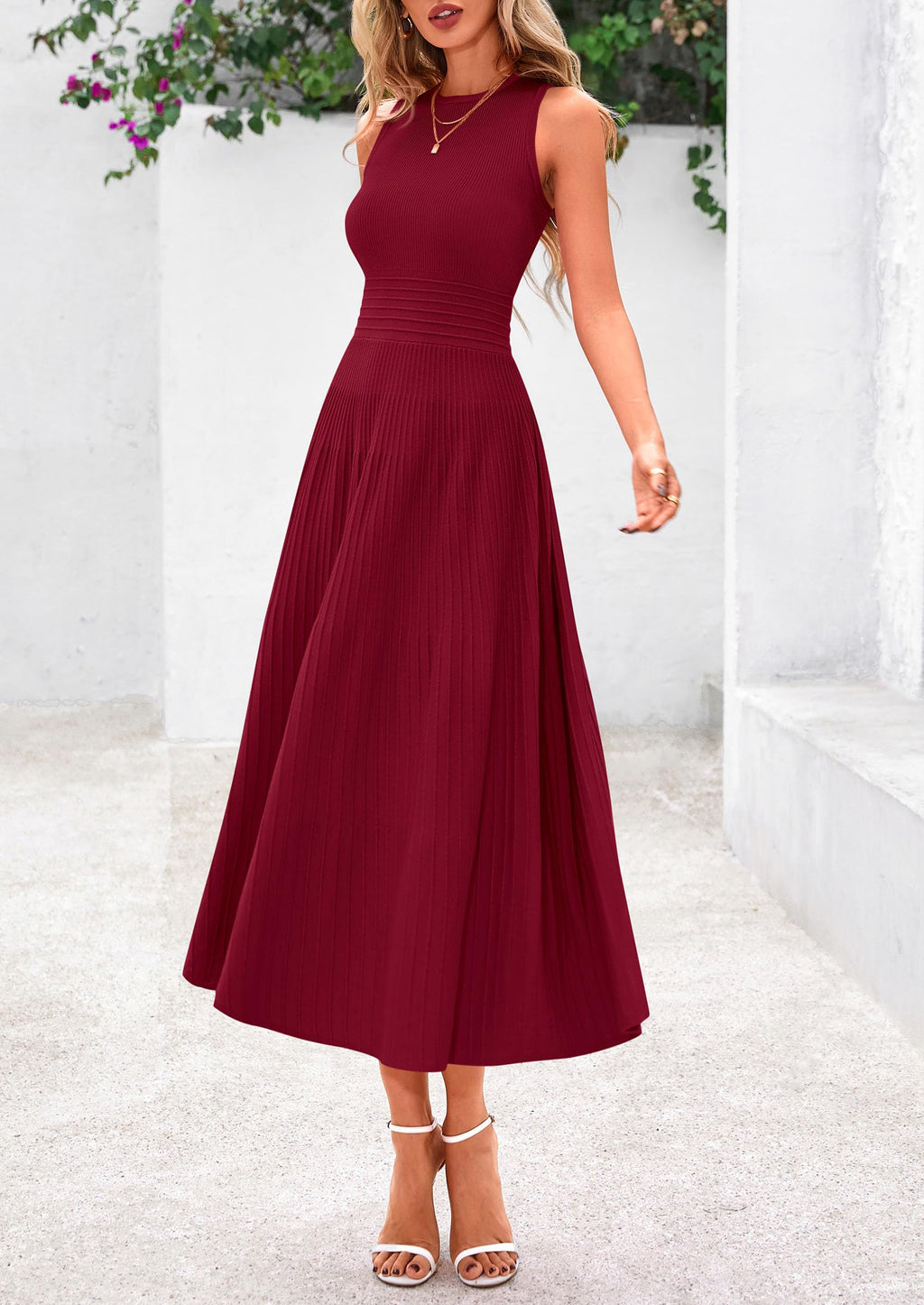 PRETTYGARDEN Spring Casual Dresses for Women 2026 Summer Business Work Midi Sleeveless A Line Pleated Cocktail Dress(Burgundy,Medium)
