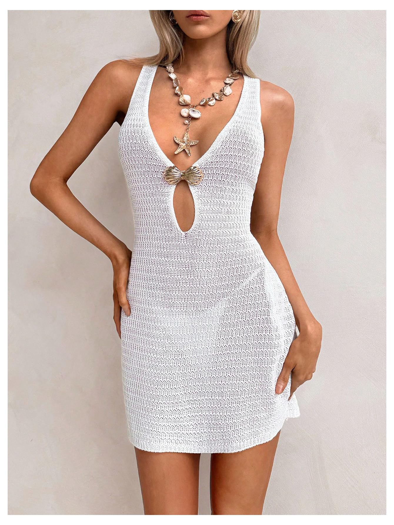 WDIRARA Women's Cut Out Cover Up Dress Deep V Neck Hollow Out Knit Beach Dress White Small