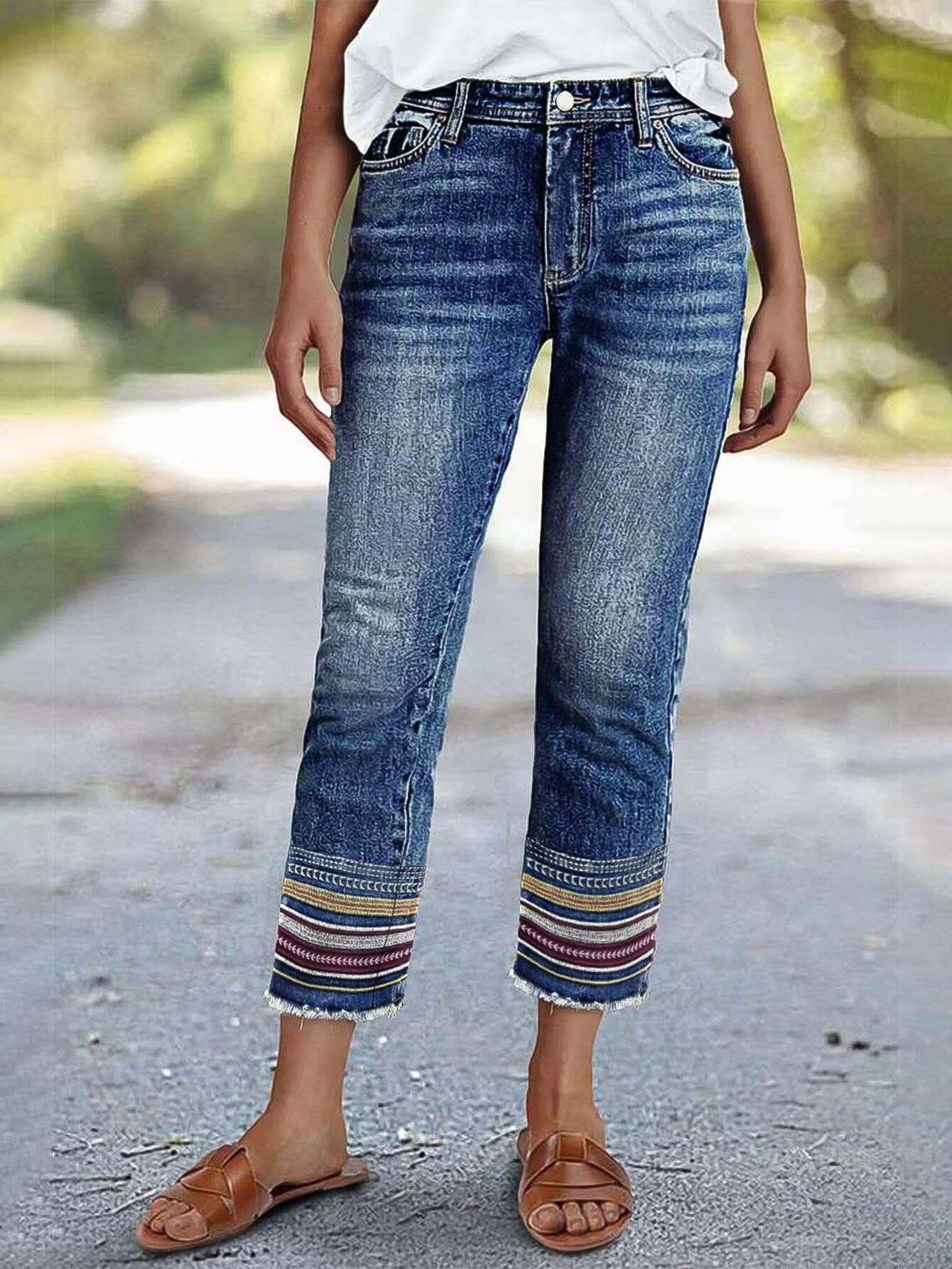 Flamingals Straight Leg Cropped Jeans for Women Trendy Mid Rise Stretchy Tribal Embroidery Raw Hem Ankle Jeans Mid Blue Wash L