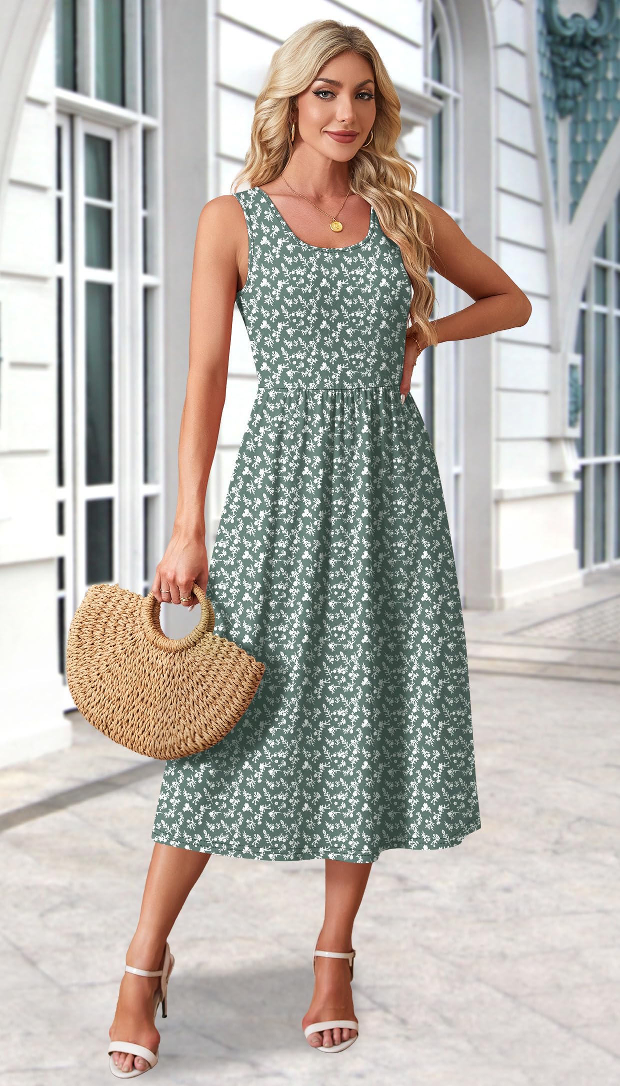 WIHOLL Casual Dresses for Women Sleeveless Scoop Neck Flowy Spring Midi Dresses for Women Sun Dress Beach Vacation Maxi Summer Dress Sundresses for Women 2026 Green Floral M