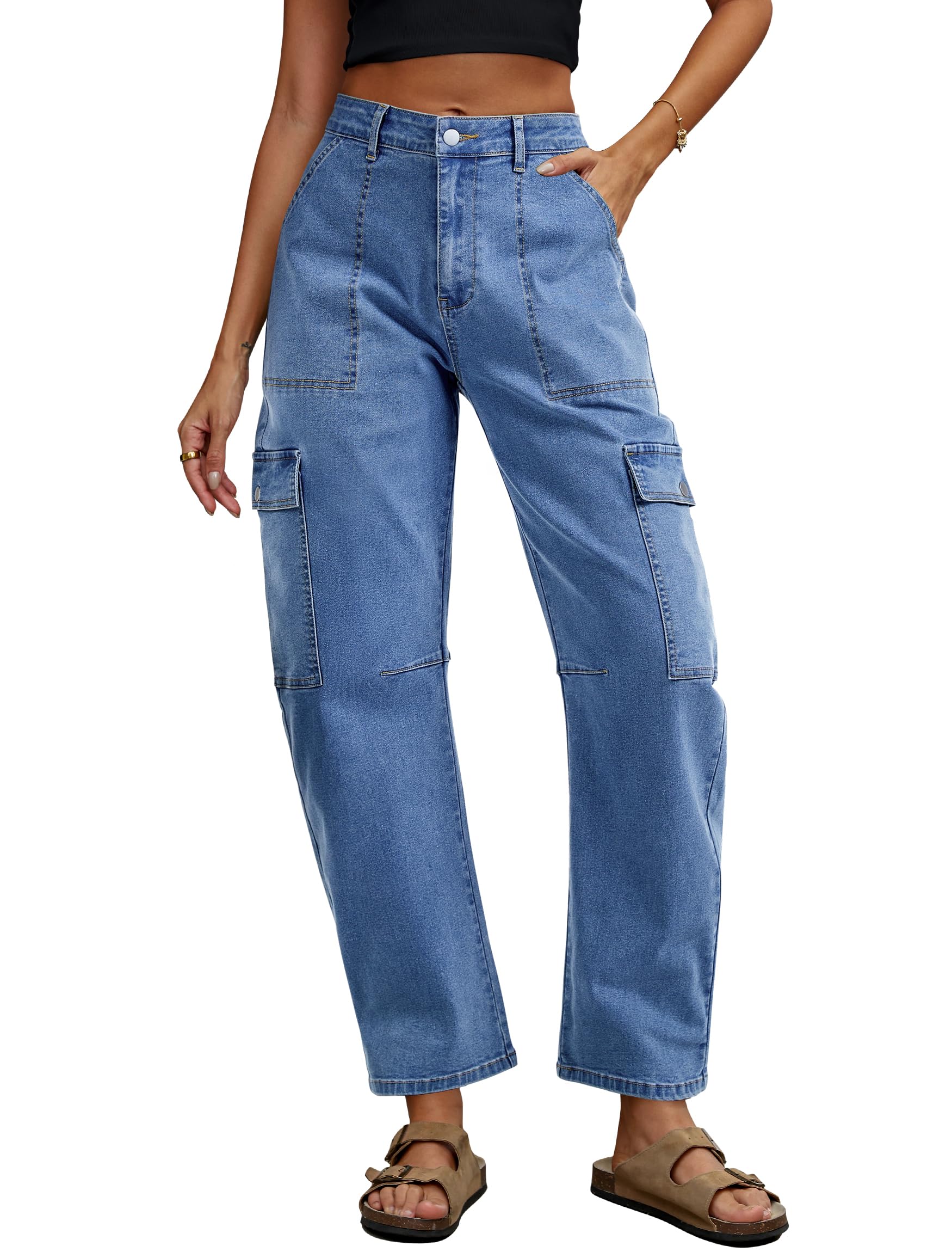 Eddoyee Barrel Jeans Women Cargo Ankle Pants Casual Wide Leg Baggy Denim Pants High Waist Trousers Stretchy with 6 Pockets(Blue Jeans, Large)