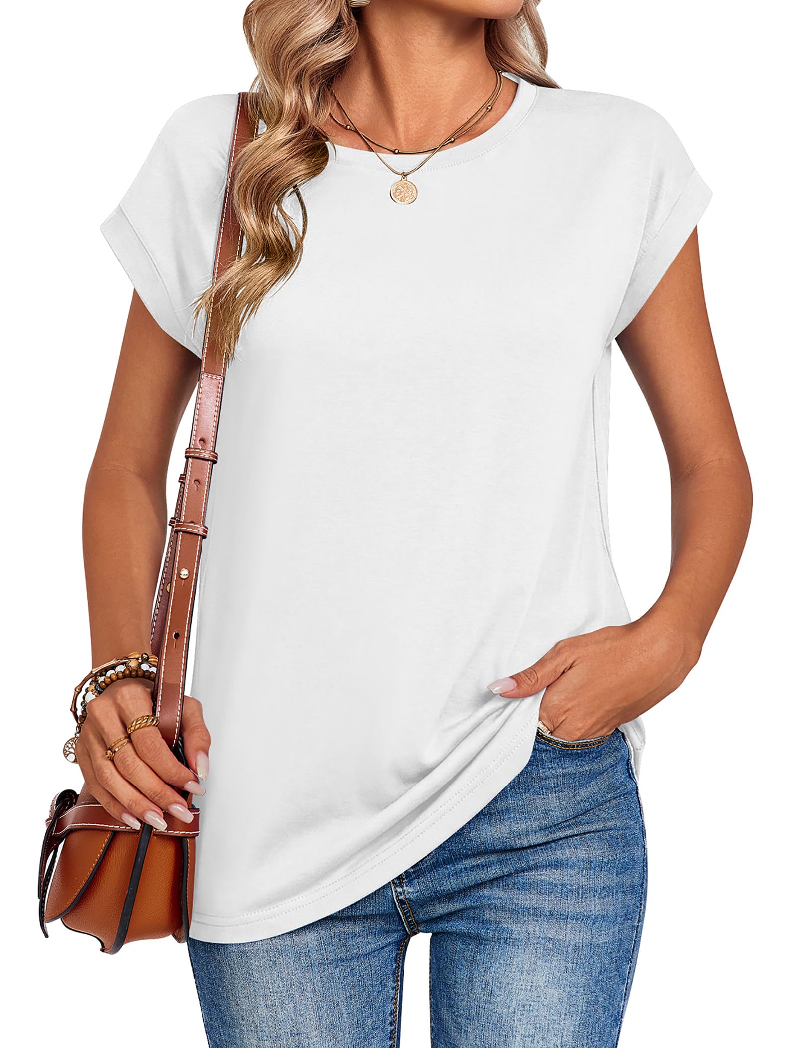 Zeagoo Tee Shirts Womens Casual Cap Sleeve Round Neck Tshirts Business Dressy Spring Fashion Outfits Beach Vacation Clothes White