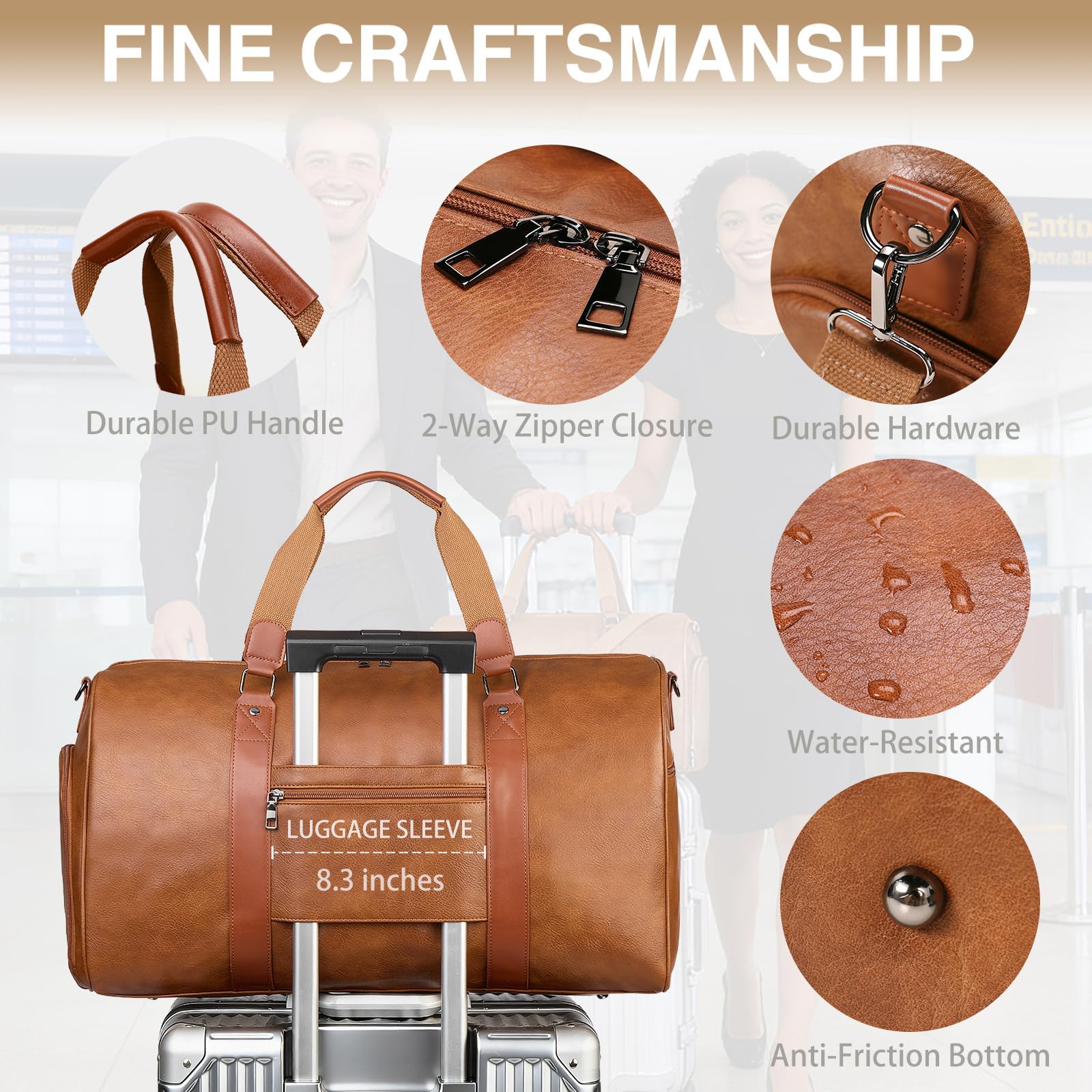 Large 3-in-1 Leather Duffle Bag for Travel Weekender Overnight Hospital Gym Bag for Men & Women, Carry On Airline Approved Personal Item Duffel Garment Bag Luggage with Shoe Compartment & Toiletry Bag