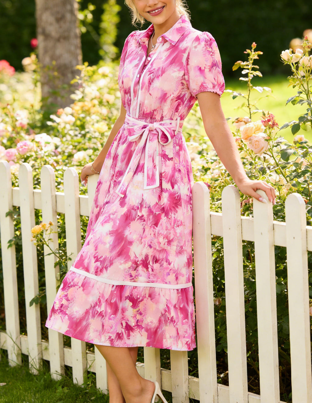 GRACE KARIN Women Summer Floral Maxi Dresses 2026 Wedding Guest Puff Sleeve Shirt Sundresses Boho Spring Clothes with Pockets Rose Floral M