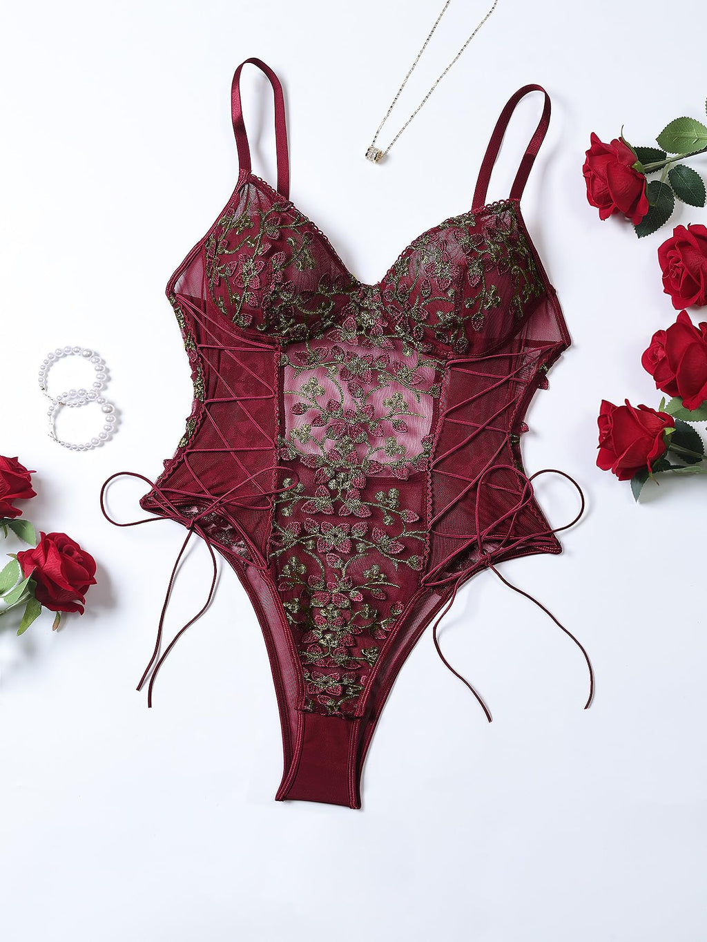 Lilosy Women Sexy Lace Up Floral Embroidered Teddy Babydoll Lingerie Bodysuit Top Mesh Sheer One Piece See Through Burgundy Medium