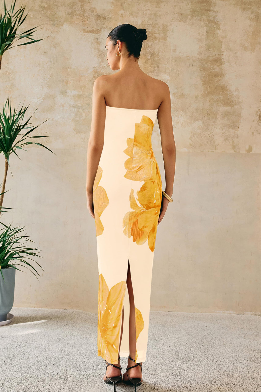 PRETTYGARDEN Women Summer Strapless Maxi Dress Bodycon Floral Sexy Long Wedding Guest Dress Formal Tube Mesh Cocktail Dresses(Yellow Flower,X-Small)