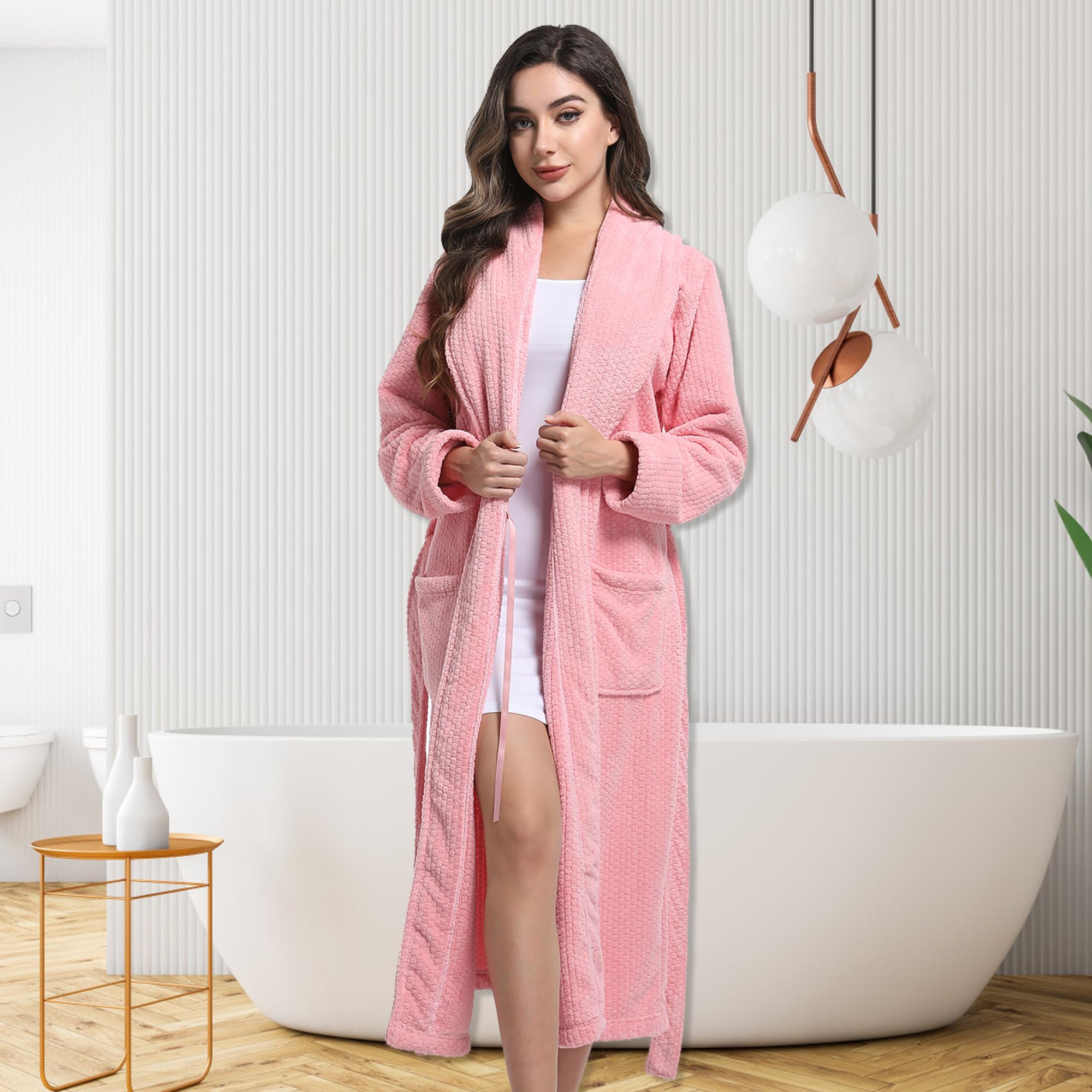 PJGGZ Women's Shawl Collar Bathrobe, Soft Long Towel Robes for Women - Super Absorbent Quick Dry Yet Warm(Light Pink, S/M)