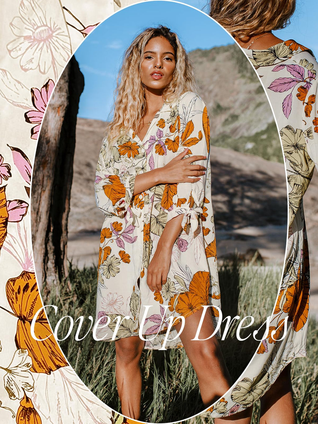 CUPSHE Women Floral Shirt Dress Cover Up Beach Dress 3/4 Sleeve Button Down Midi Length Dress White Yellow M