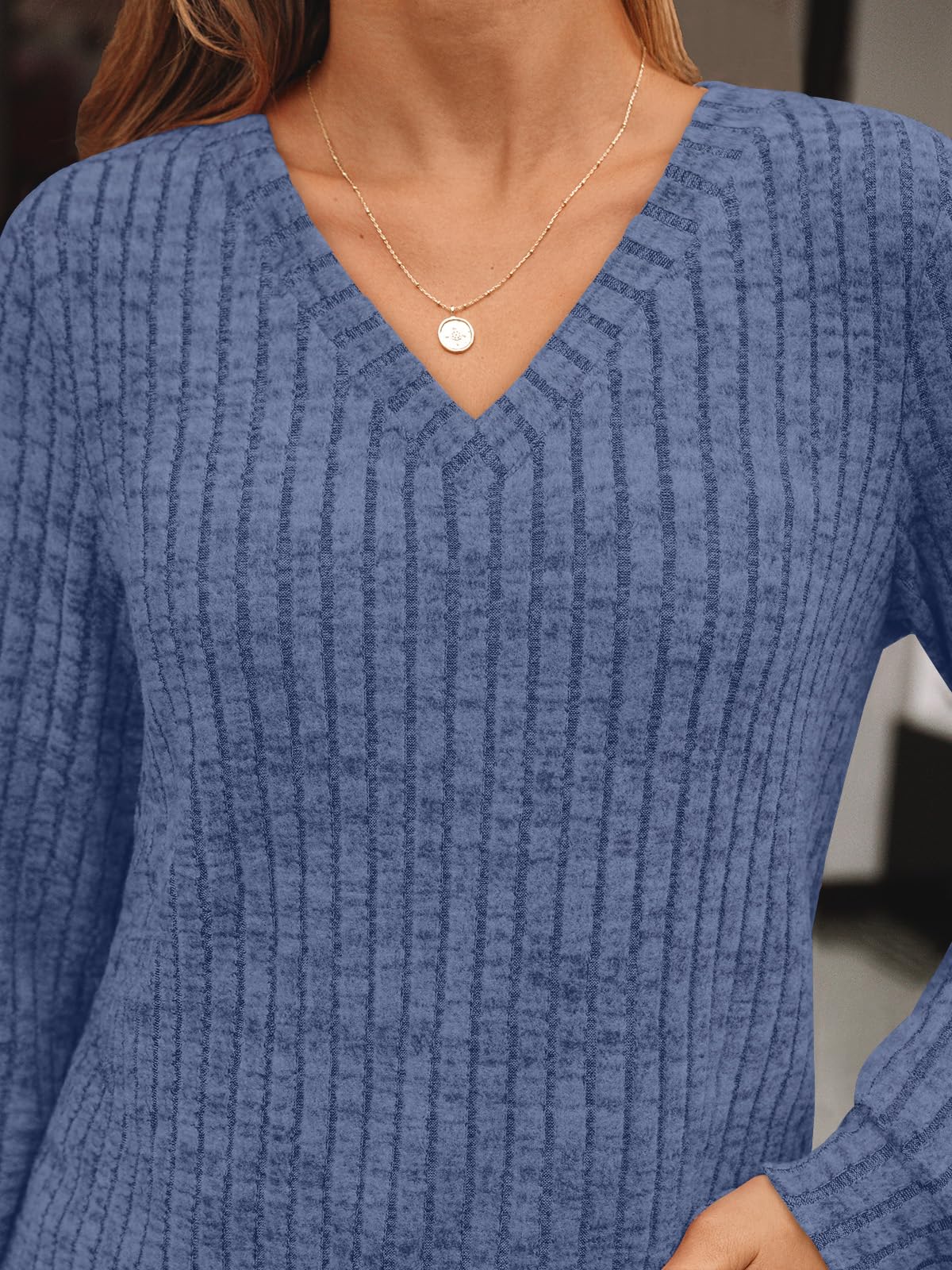AUTOMET Womens V Neck Long Sleeve Shirt Fall Fashion Tops Tunic Dressy Casual Sweater Clothes Cute Trendy Work Outfits 2026 Blue M