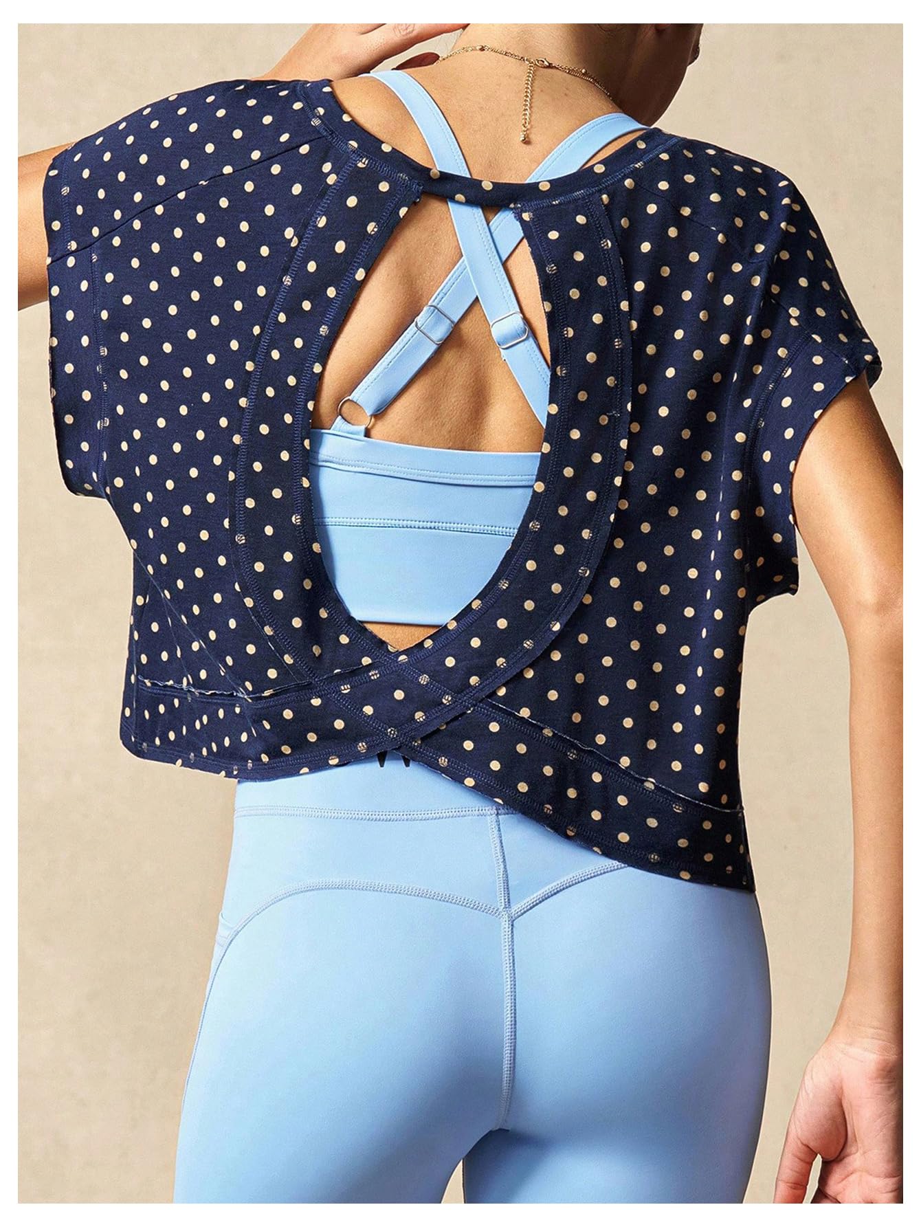 WDIRARA Women's Polka Dots Open Back Workout Tee Shirt Short Sleeve Athletic Shirts Running Gym Yoga Tops Dark Blue Small