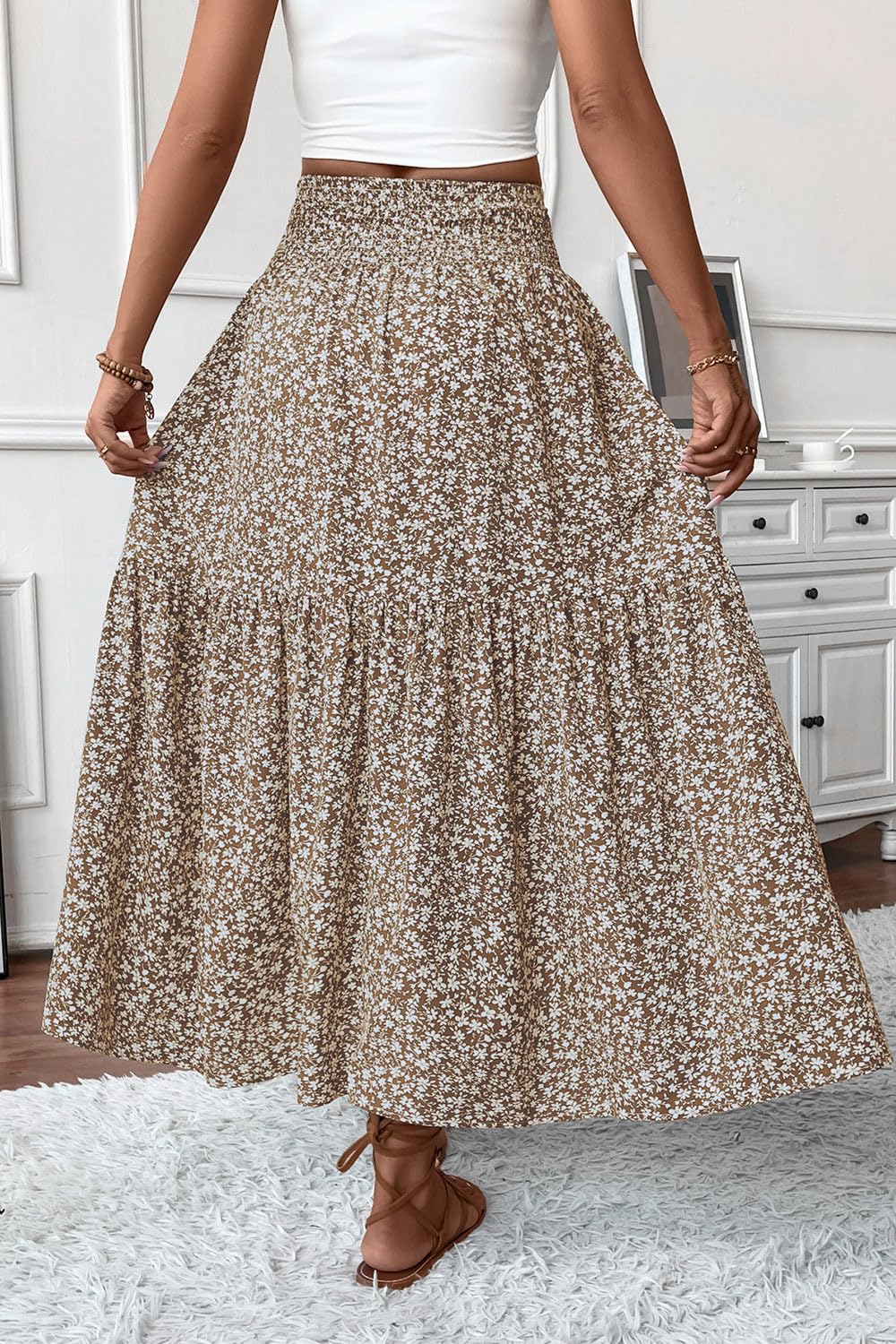 TuoGo Women's Smocked High Waist Maxi Long Skirt with Pockets (L,932-Khaki Floral)