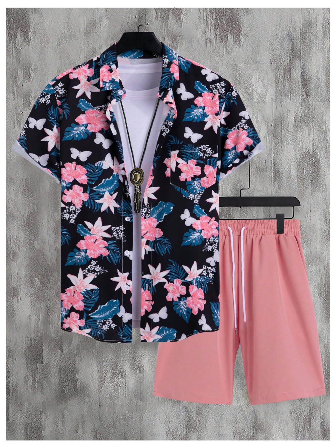 GORGLITTER Men's Vacation Beach Cruise Summer Outfits 2 Piece Shorts Set Hawaiian Button Down Shirt and Shorts Black and Pink Floral Large