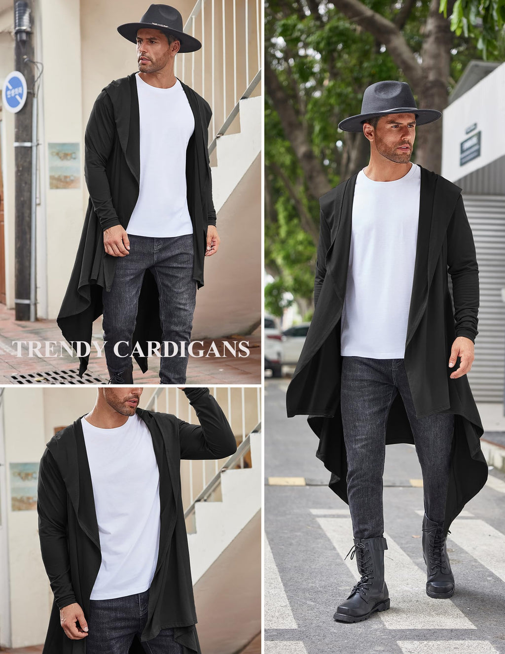 COOFANDY Men's Long Hooded Cardigan Ruffle Shawl Collar Open Front Lightweight Drape Cape Overcoat Pockets, Black, Large