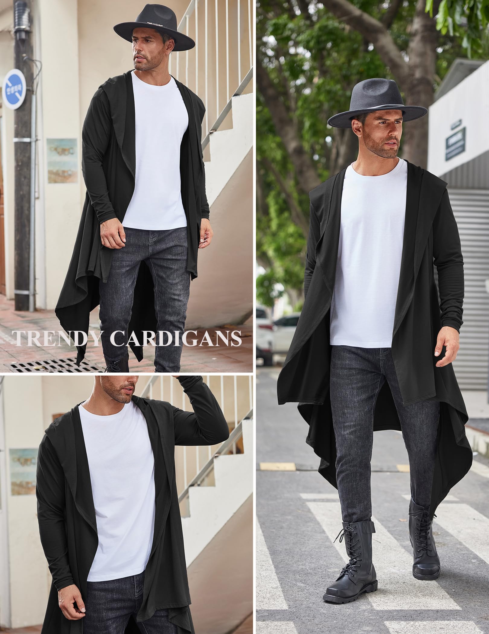 COOFANDY Men's Long Hooded Cardigan Ruffle Shawl Collar Open Front Lightweight Drape Cape Overcoat Pockets, Black, Large