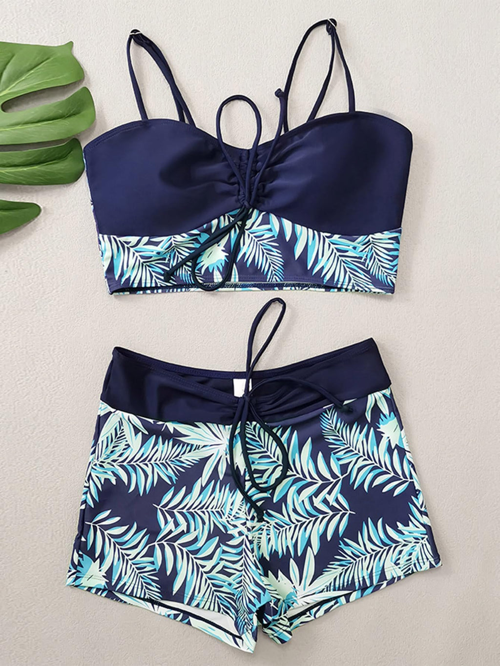 Lilosy Tummy Control Drawstring High Waisted Bikini Set String Swimsuit Spaghetti Strap Cami Top and Tie Side Shorts 2 Piece Women Bathing Suit Leaf Navy Blue X-Large