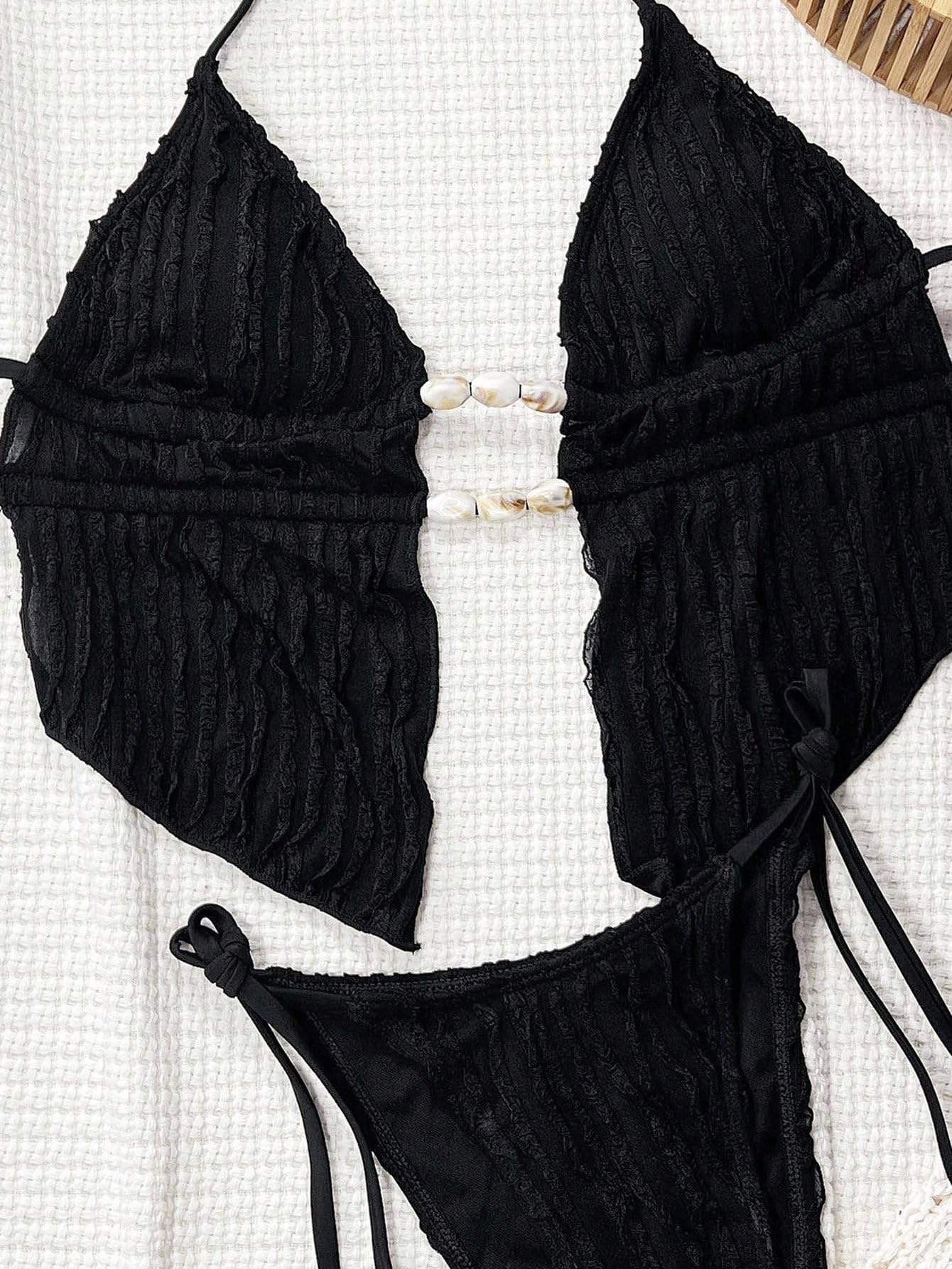 ZAFUL Halter Swimsuits for Women Textured Backless 2 Piece Bathing Suits Cheeky High Cut String Tie Side Bikini Sets 0-Black S