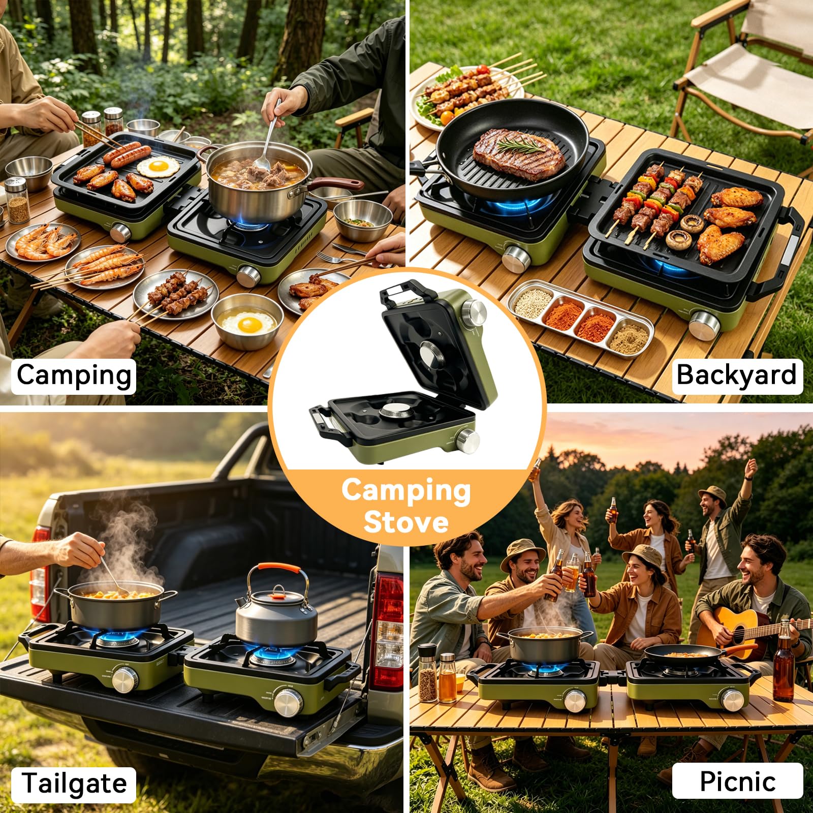 2 Burner Camping Stove with Windshield, 24000 BTU Propane Camp Stove, Portable Folding Camp Stove with Frying Pan, Coffee Stand & Carry Bag, Camping Essentials for Picnic, RV, Camp kitchen, Green