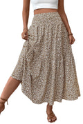 TuoGo Women's Smocked High Waist Maxi Long Skirt with Pockets (L,932-Khaki Floral)