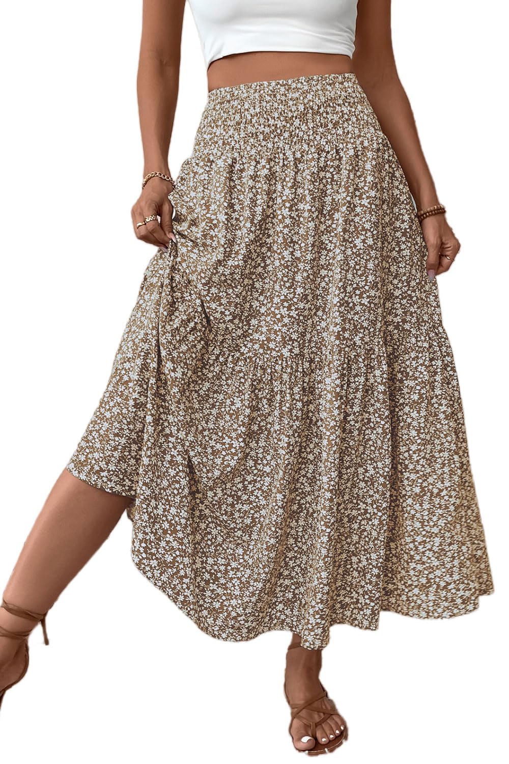 TuoGo Women's Smocked High Waist Maxi Long Skirt with Pockets (L,932-Khaki Floral)
