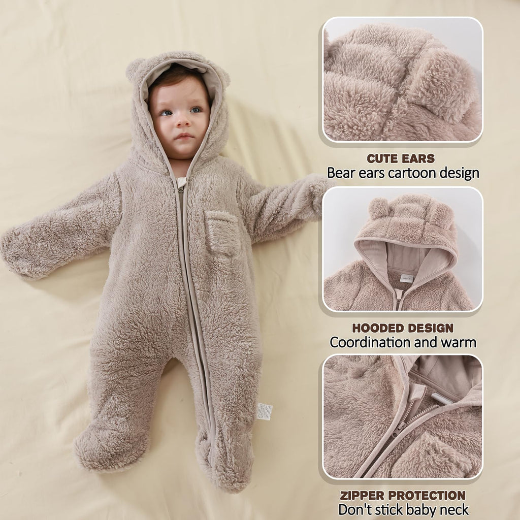 AiWMGL Newborn Baby Bear Outfit Suit With Fold-Over Mittens and Footies Girls Boys 0-3 Months Winter Fleece Clothes Suit Hooded Jumpsuit Romper Snowsuit
