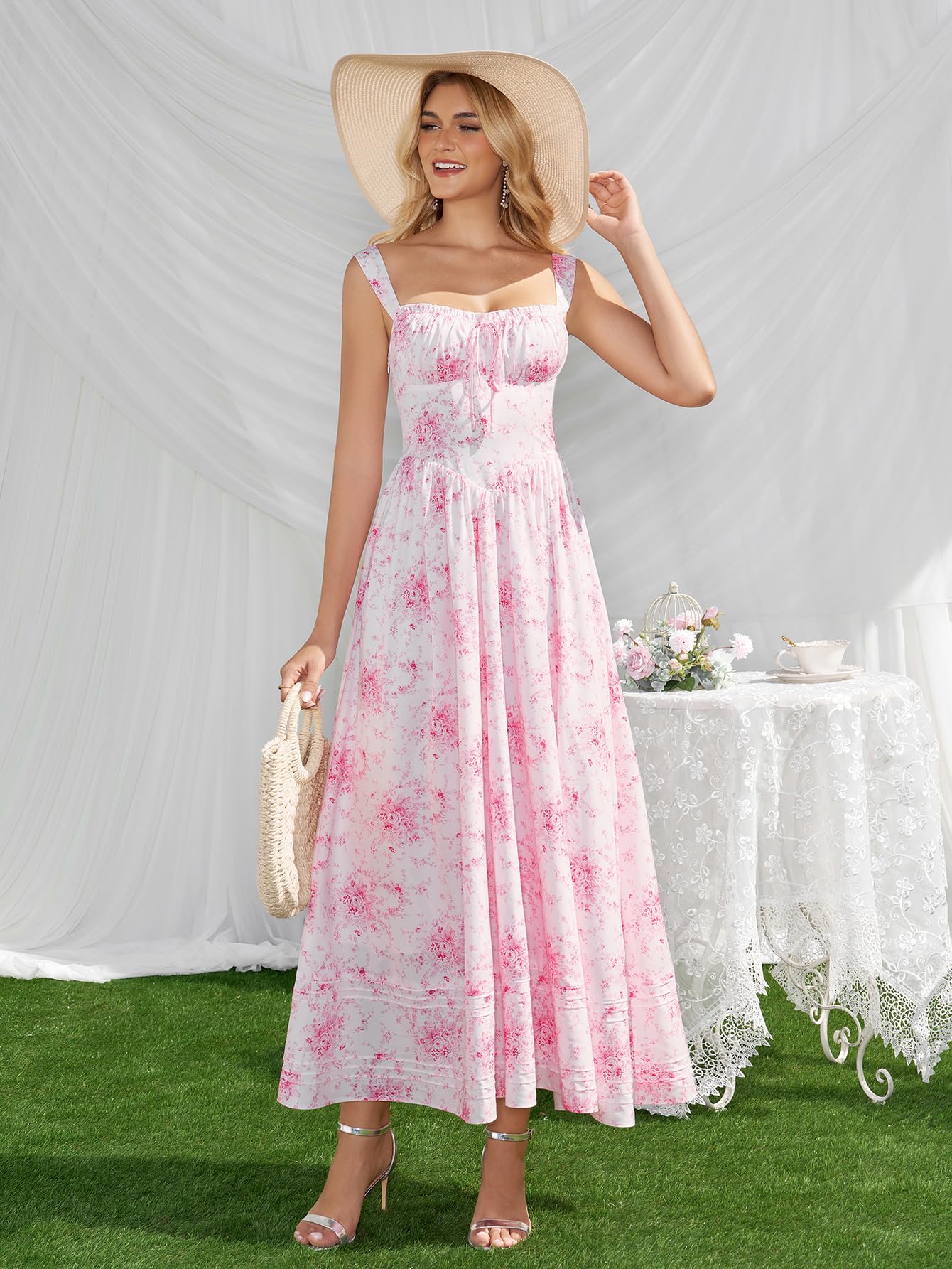 HTZMO Floral Summer Wedding Guest Party Long Dress Square Neck A Line Casual Vacation Milkmaid Maxi Sundress for Women PinkFloral M