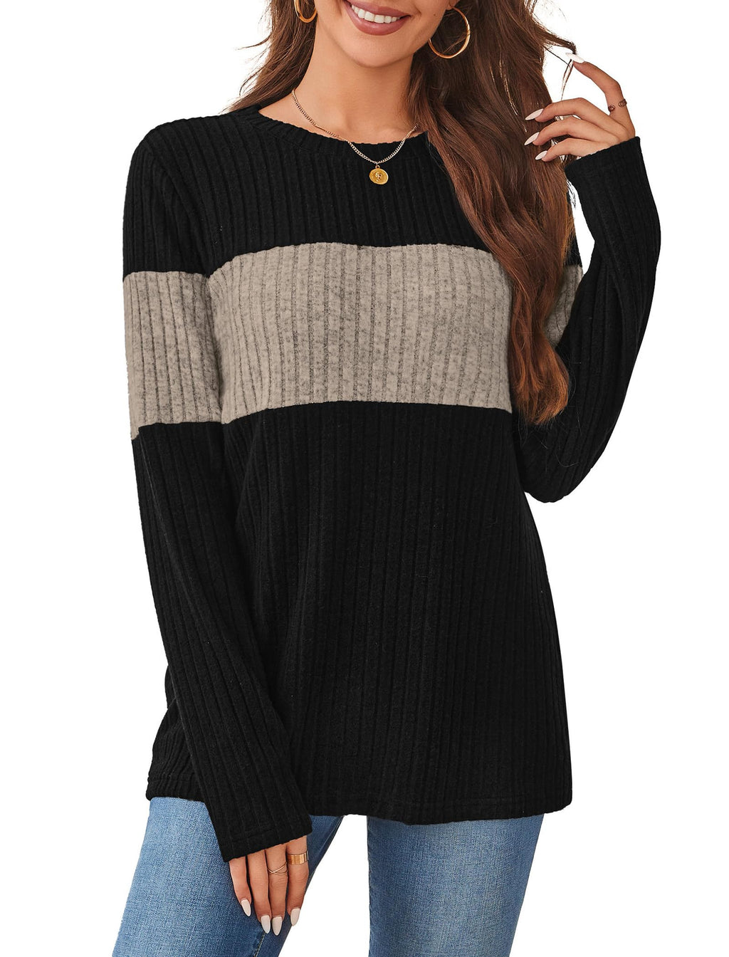 WIHOLL Womens Sweaters Fall Clothes Fashion 2025 Work Blouses Dressy Casual Long Sleeve Shirts Color Block Womens Tops Old Money Clothes Anthropologie Khaki XL