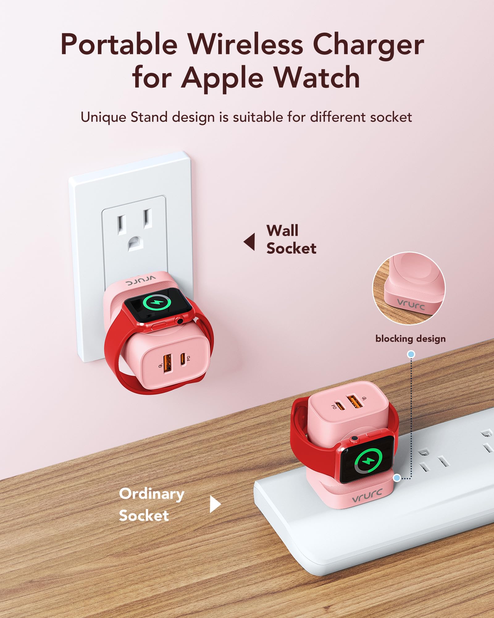 VRURC Charger for iPhone & Apple Watch, 20W USB C Fast Charging Block, 3-in-1 Compact Travel Adapter with 2 Port for iPhone 17/16/15/14/13, Wireless Magnetic for iWatch SE/11/10/9/8/7/6/5/4-Pink