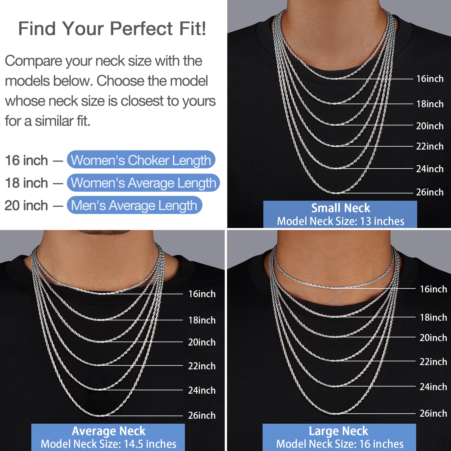 Jewlpire Silver Chain Necklace for Women, 2.5mm Rope Chains Silver Chain for Women Sturdy Womens Chains Necklace, 20 Inch