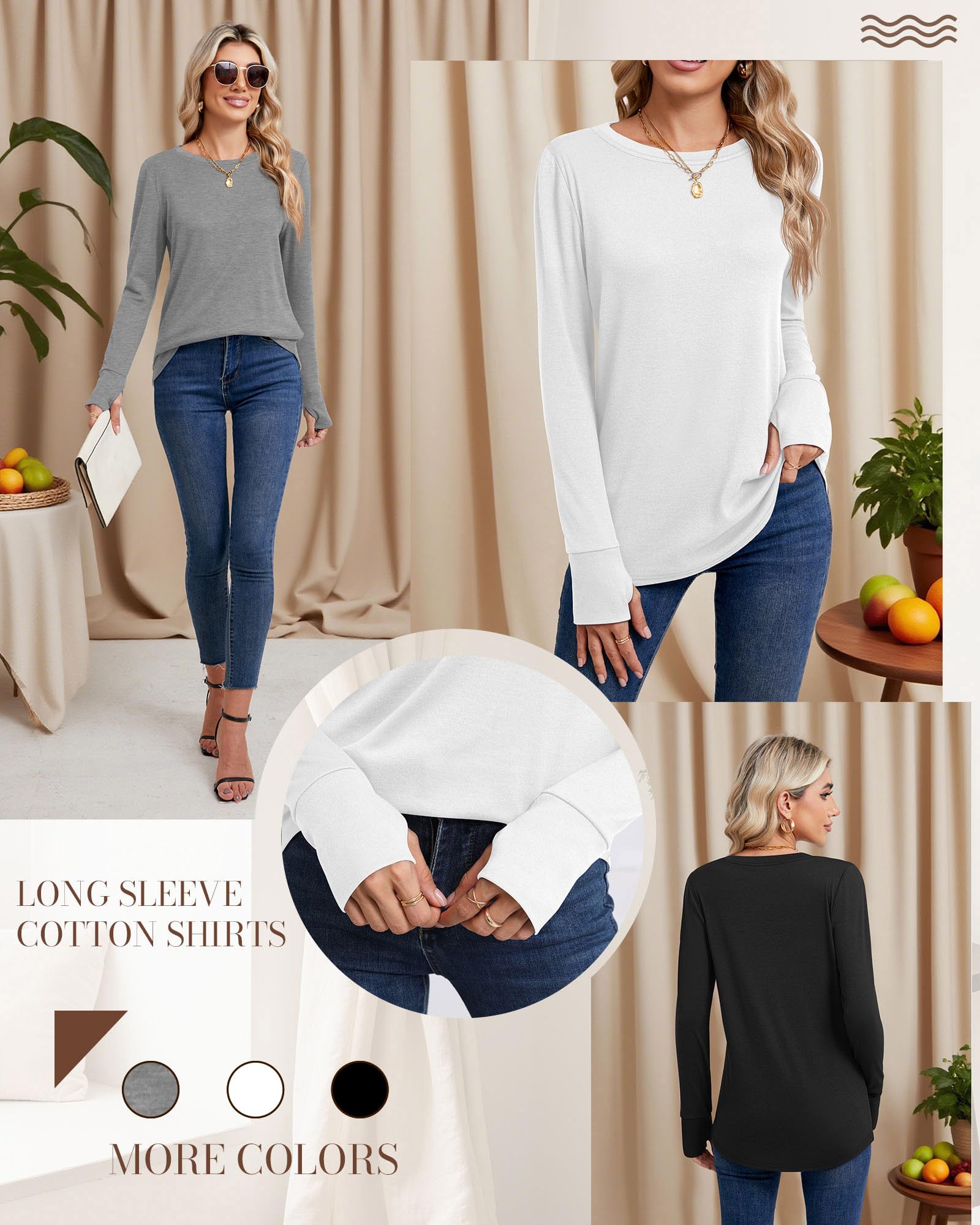 Huukeay 3 Pack Womens Long Sleeve Cotton Shirts, 3-Color, Medium