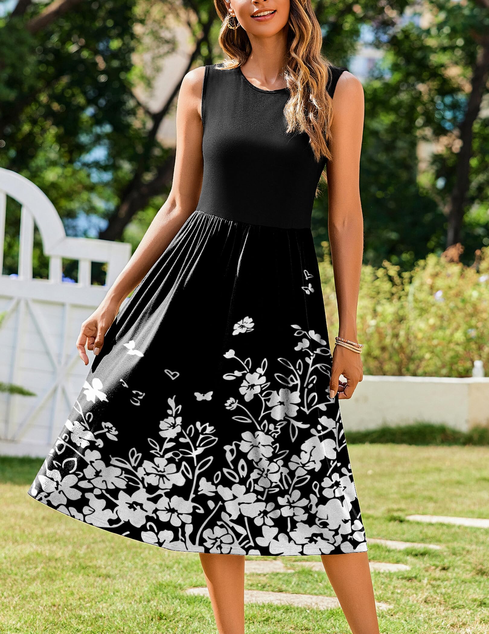 Zeagoo Dresses for Women Summer Sleeveless Tank Midi Casual O-Neck Floral Aline Loose Dress with Pockets Boho Beach Sundress
