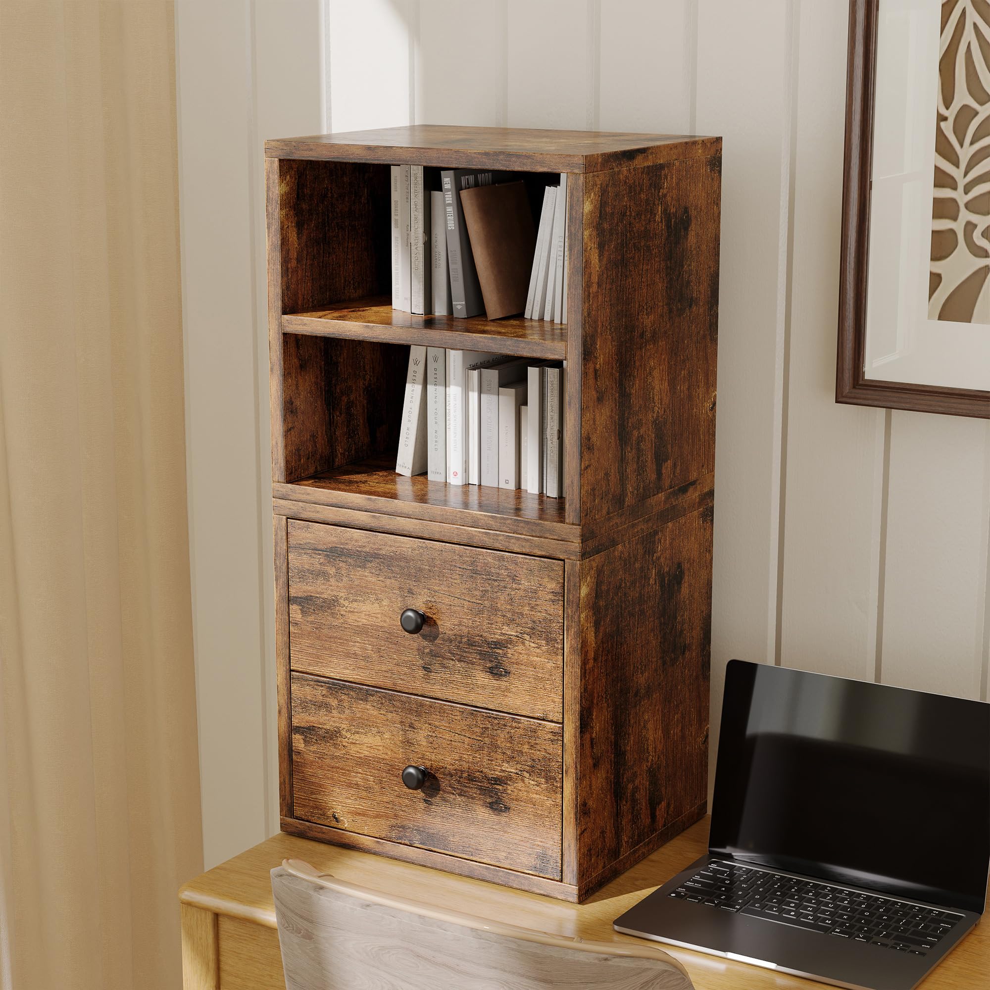 FUSUNBAO Magic DIY Cube Storage Organizer Stackable Cubes for Home Books Clothes Toy-Modular Cubby Storage System-Office Cubical-Bookcase Closet (Antique Brown, Drawer Cube)