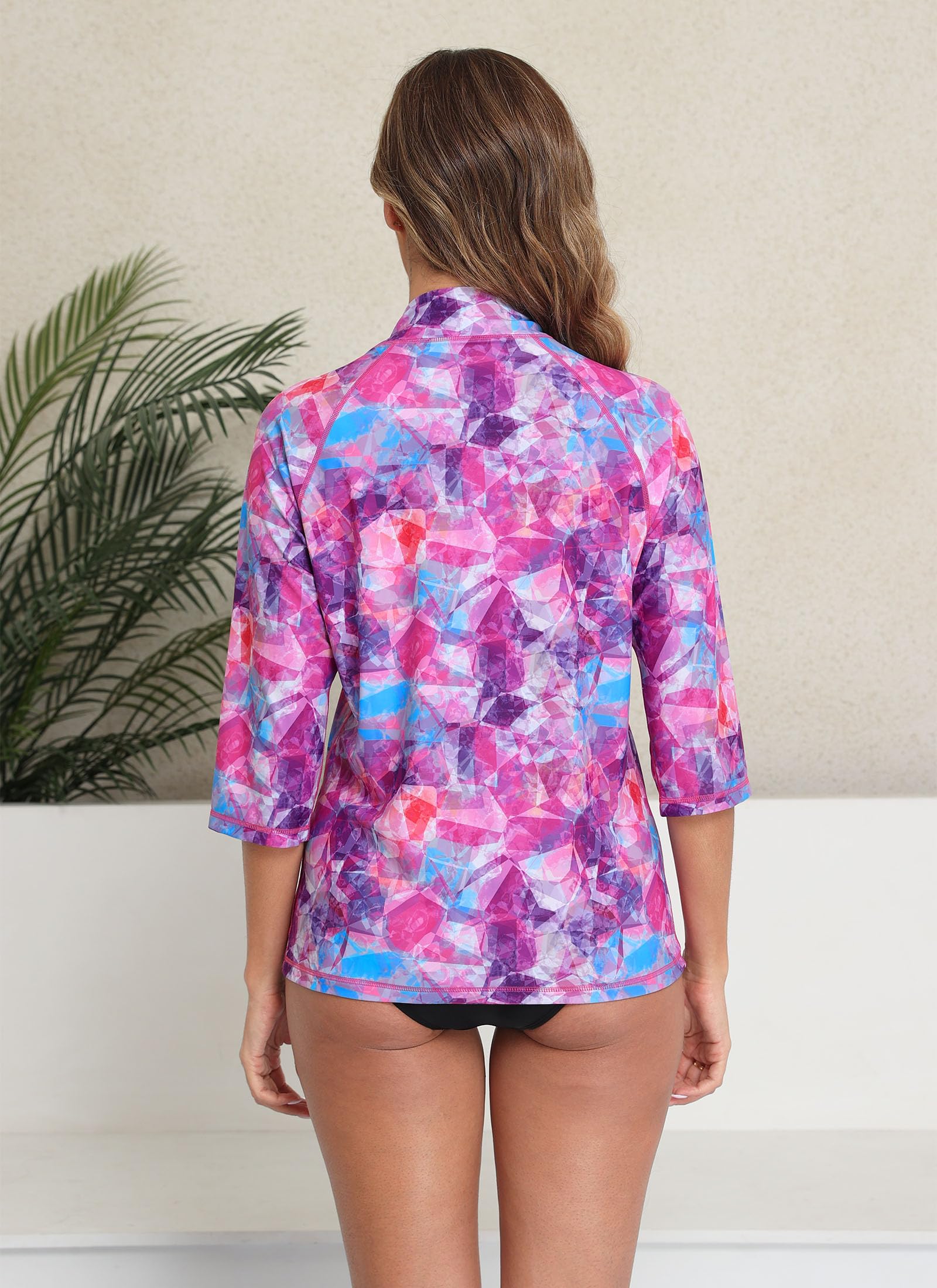 Halcurt Women's 3/4 Sleeve Rash Guard Swimsuit Top High Neck Half Zip Swim Shirt Only UPF50+ Quick Dry Bathing Suit Geometric M
