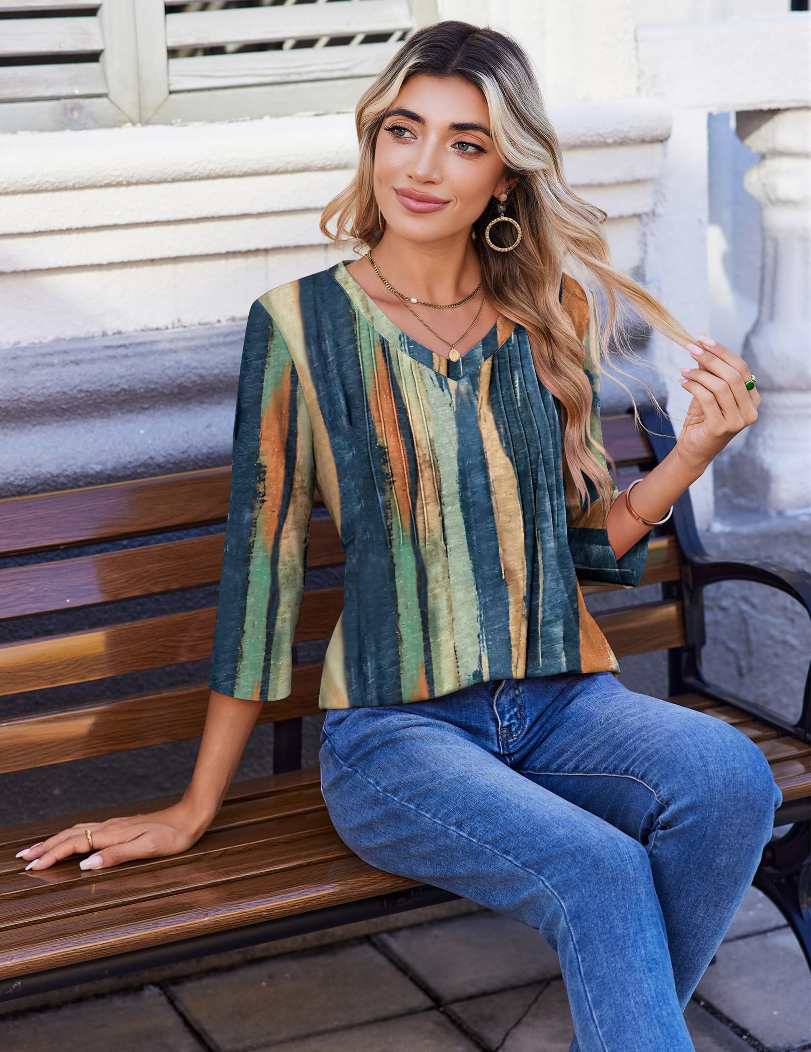 Zeagoo Women's Clothing Fashion Dressy Casual Striped Loose V Neck Blouses