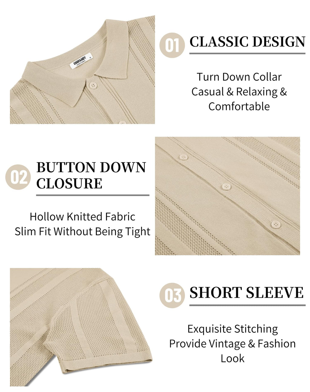 COOFANDY Men's Short Sleeve Knit Shirt Casual Button Down Shirt Vintage Knitted Polo Golf Beach Tops Light Khaki