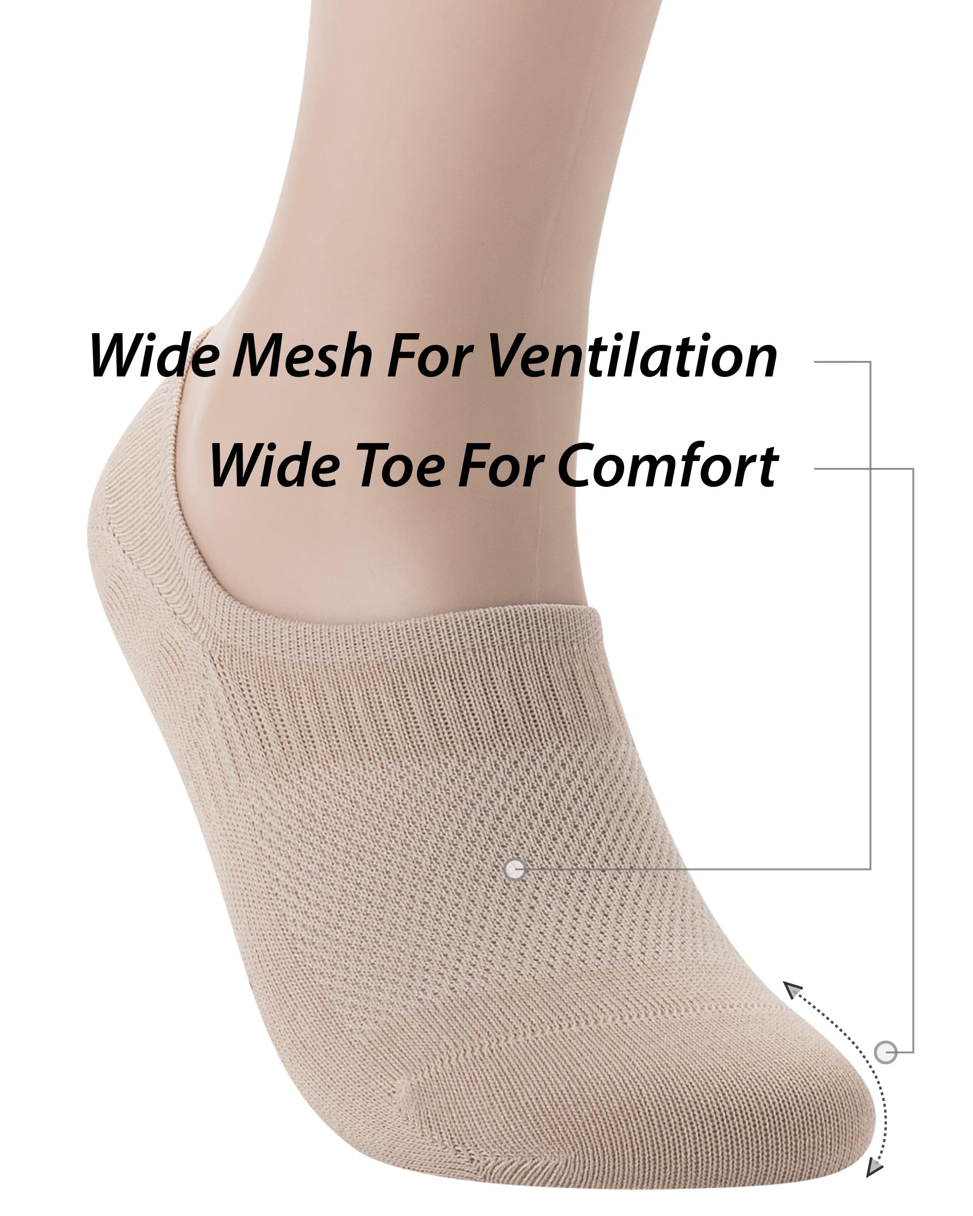 Pro Mountain Thin No Show Socks Women Seamless Wide Toe Box For Health Size S Beige 6 Pack Liner Thin Footies Casual Sneakers Loafer Flats US Shoe 6-8