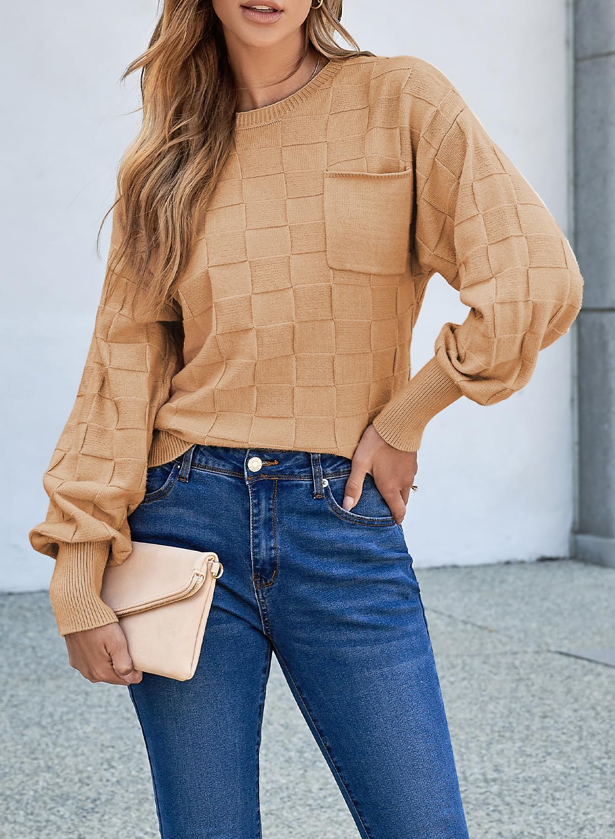 SHEWIN Sweaters for Women Casual Crewneck Long Sleeve Tops Lightweight Knit Oversized Women's Sweaters Spring Clothes for Women Khaki Large