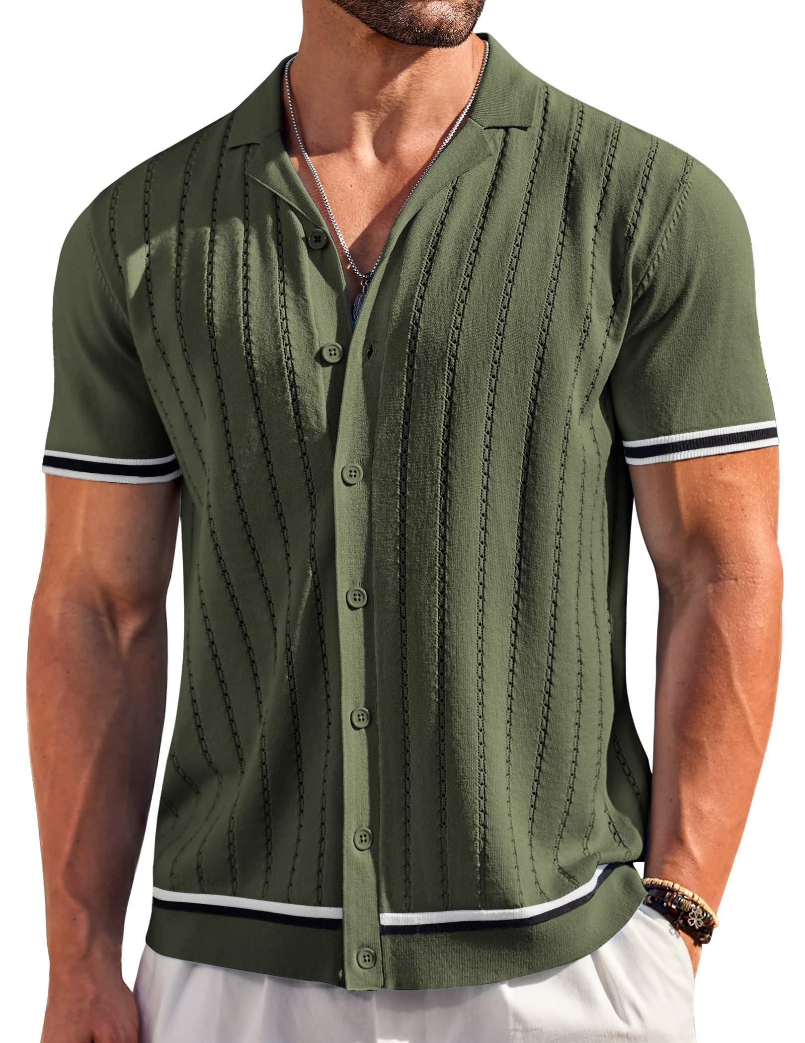 COOFANDY Mens Button Up Short Sleeve Knit Shirt Resort Wear for Men Vintage Old Money Shirt Army Green