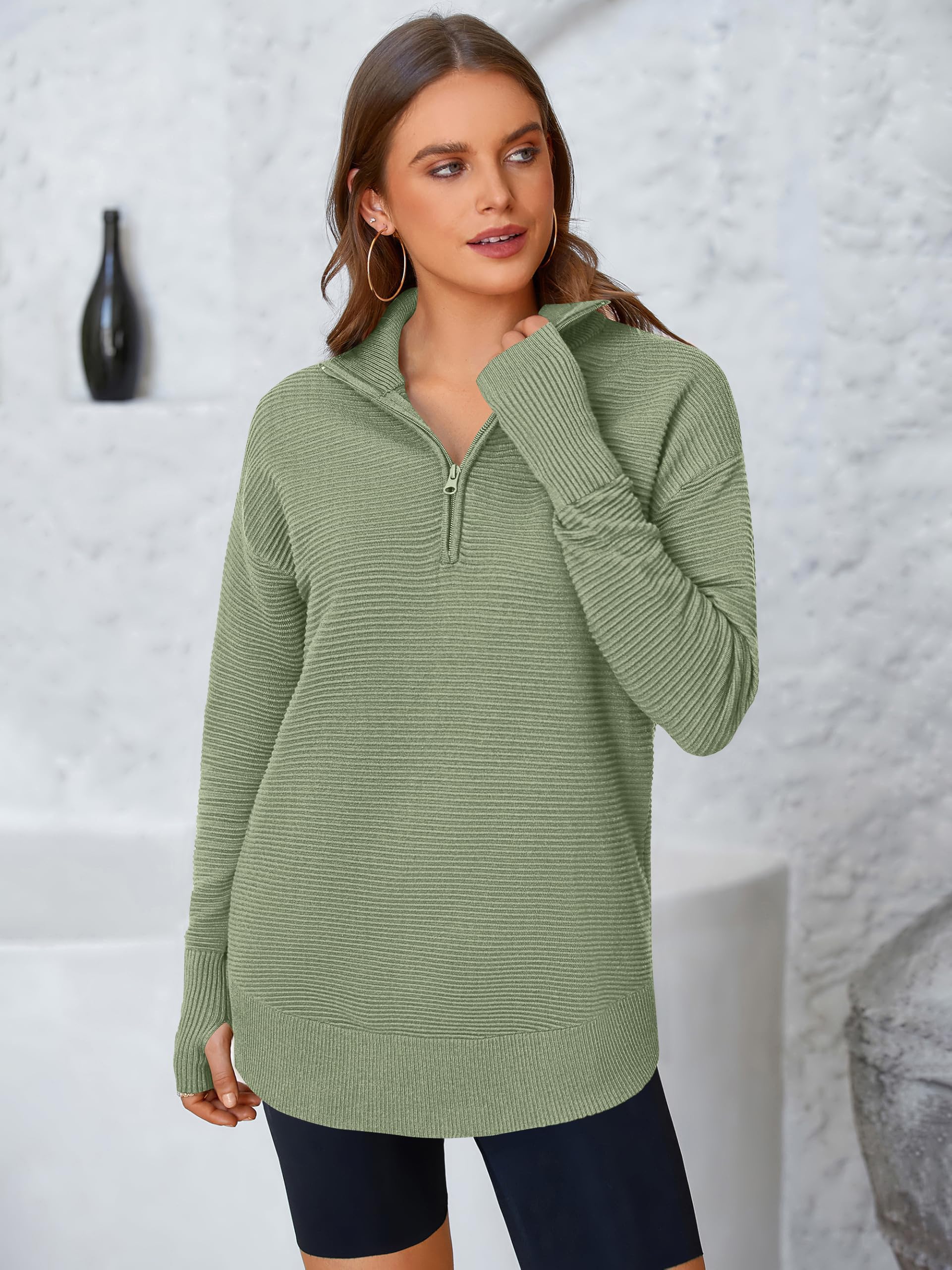 PRETTYGARDEN Womens Long Sleeve Quarter Zip Pullover Sweater Casual Loose V Neck Collared Ribbed Knit Jumper Tops Thumb Hole(Grey Green,Small)
