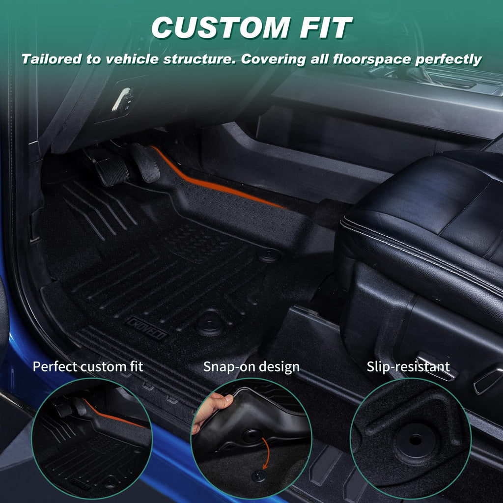 CROVECO Floor Mats for Ford F150 2015-2026 SuperCrew Cab (Includes 2022-2025 Lightning) w/o Fold Flat Storage Carpet Floor TPE All Weather Cargo Liner 1st & 2nd Row Floor Liners, 3pcs Black