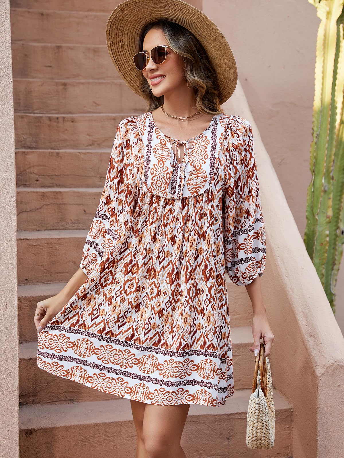 Qearal Womens Casual Dress for Summer Boho Dress Loose Flowy Beach Dress Short Sundress Coffee XL
