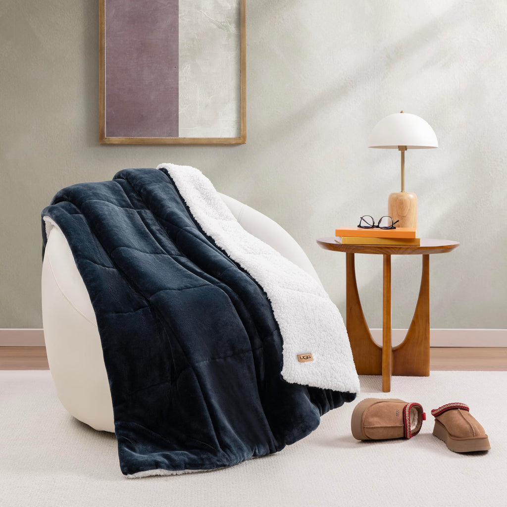 UGG Nita Throw Blanket Soft Reversible Plush Throw for Couch or Bed Cozy Fuzzy Warm Fluffy Blanket for Living Room or Cute Bedroom Decor Down Alternative Washable, 50-inch x 70-inch, Navy Blue
